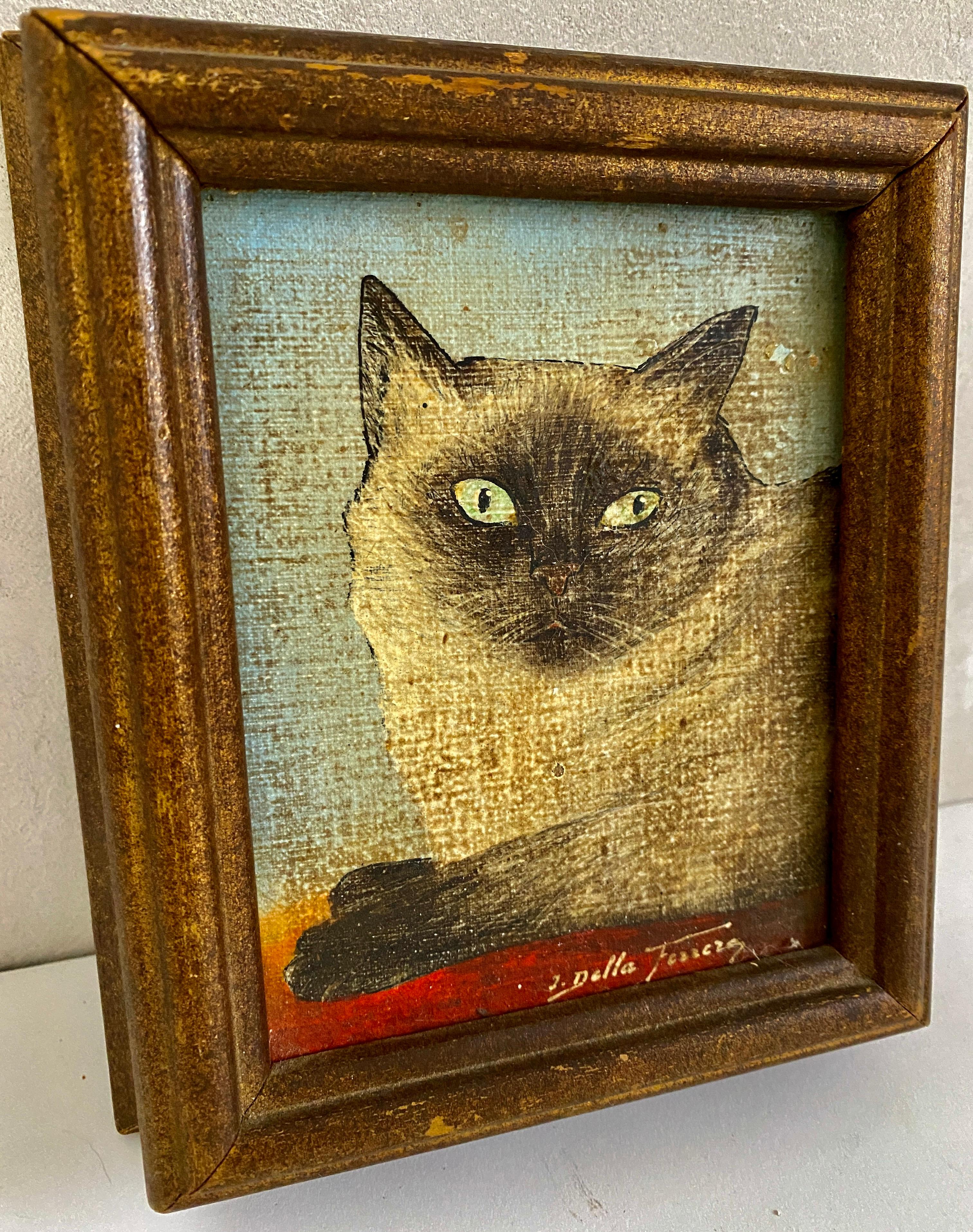 Hand-Painted Miniature Oil on Board Painting of Siamese Cat