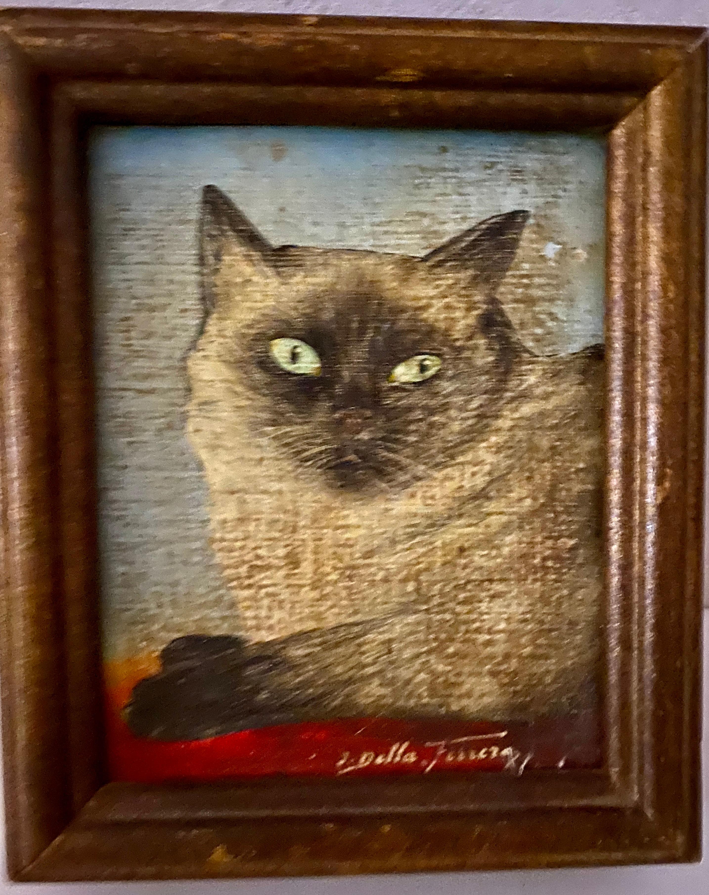 20th Century Miniature Oil on Board Painting of Siamese Cat