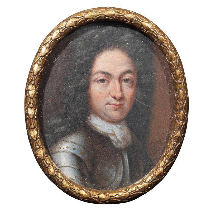 A gentleman in silver-studded armour, full bottomed powdered wig oil on copper, gilt-metal mounts ovals (72 mm.) high.