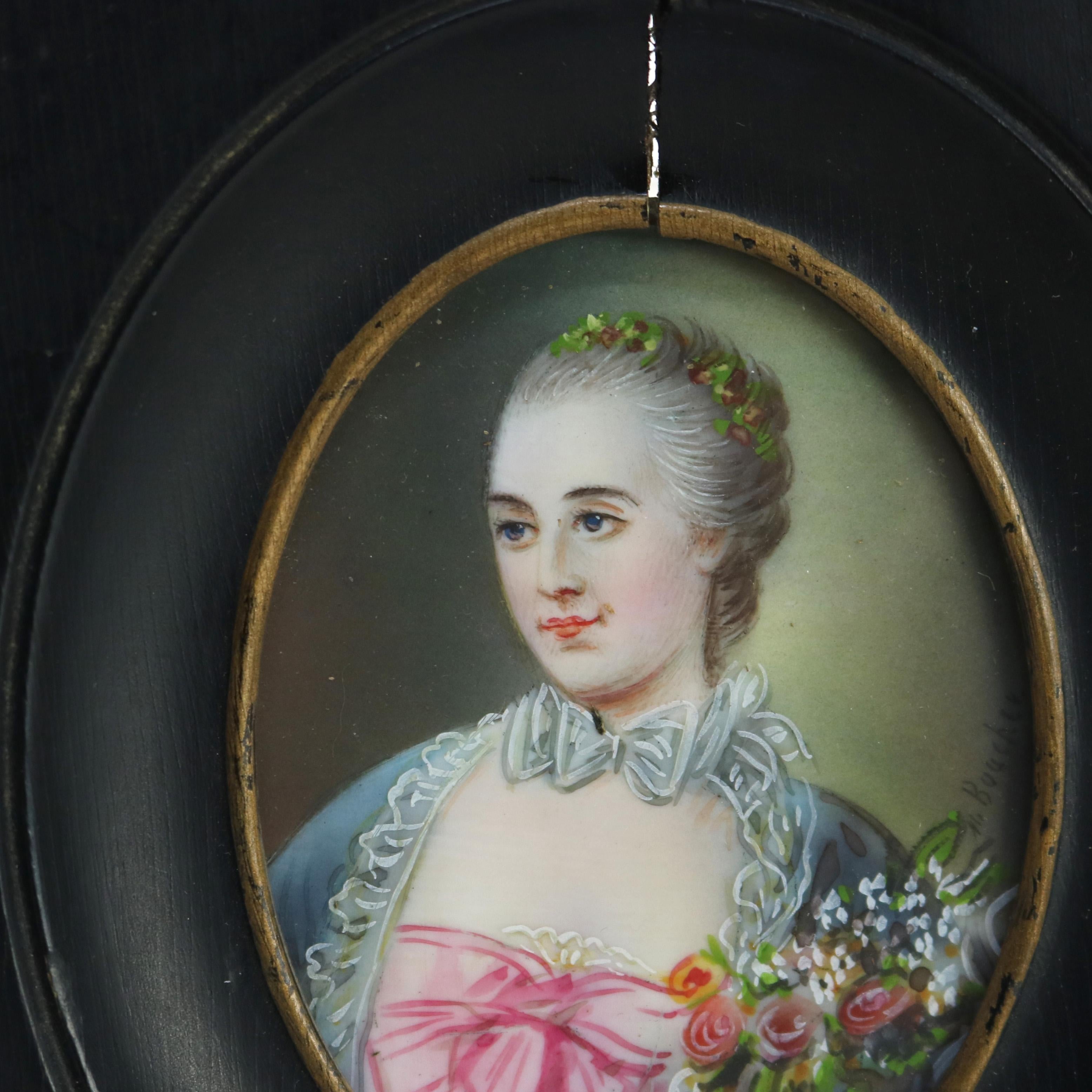 Miniature de portrait de femme sur celluloïd, encadrée, C1880.  
Mesures : 5,75 