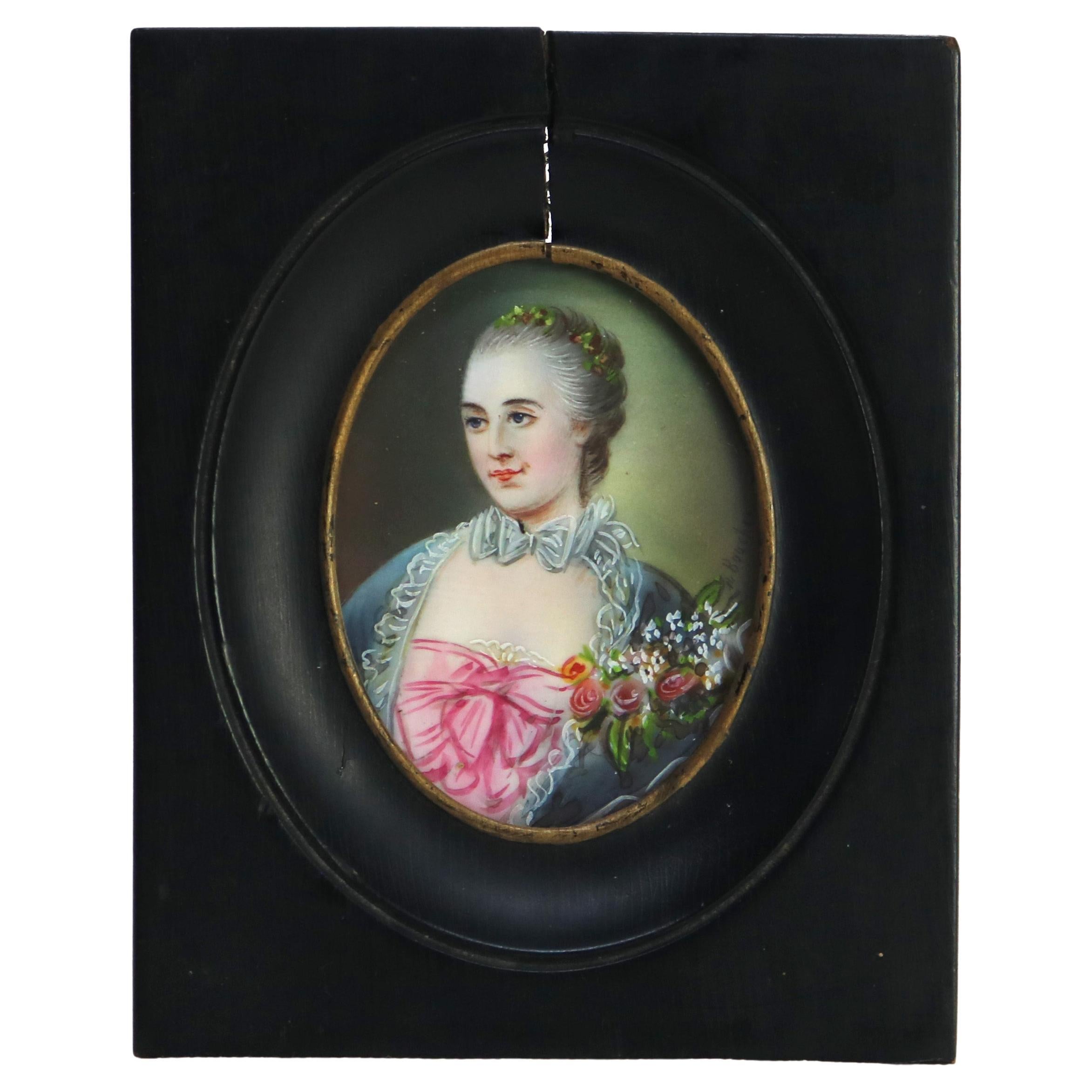 Retrato francés antiguo en miniatura sobre celuloide de mujer, enmarcado, C1880