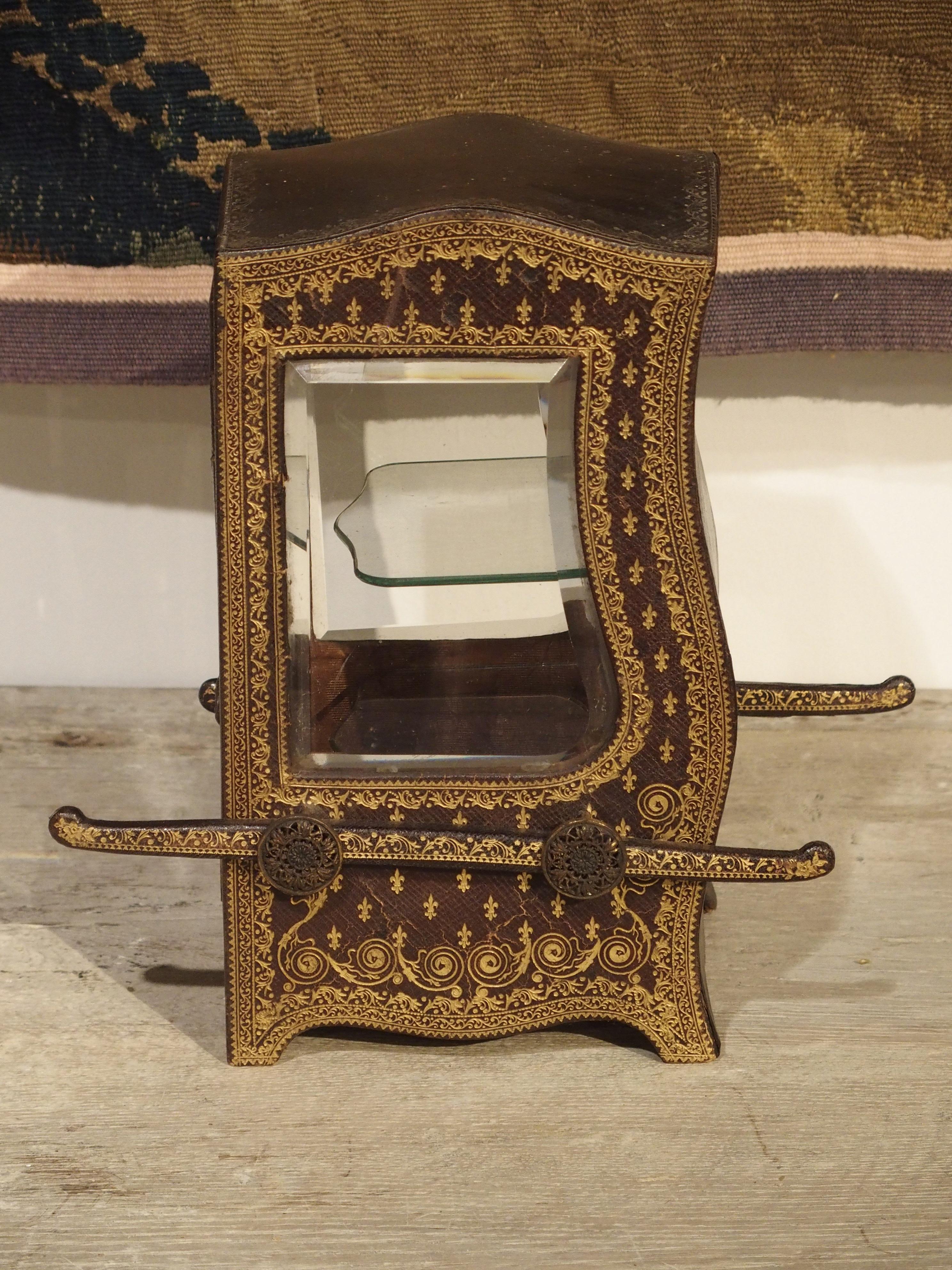 Miniature Antique Leather Covered Chaise a Porteur, France, circa 1890 8