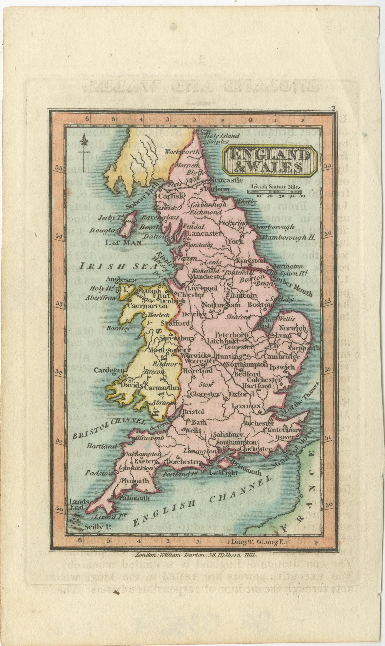 Miniature map titled 'England & Wales'. Original antique map of England & Wales. This map originates from 'Darton's New Miniature Atlas' published by William Darton, circa 1820. Maps from this atlas are colored impressions of the 1810 issue of