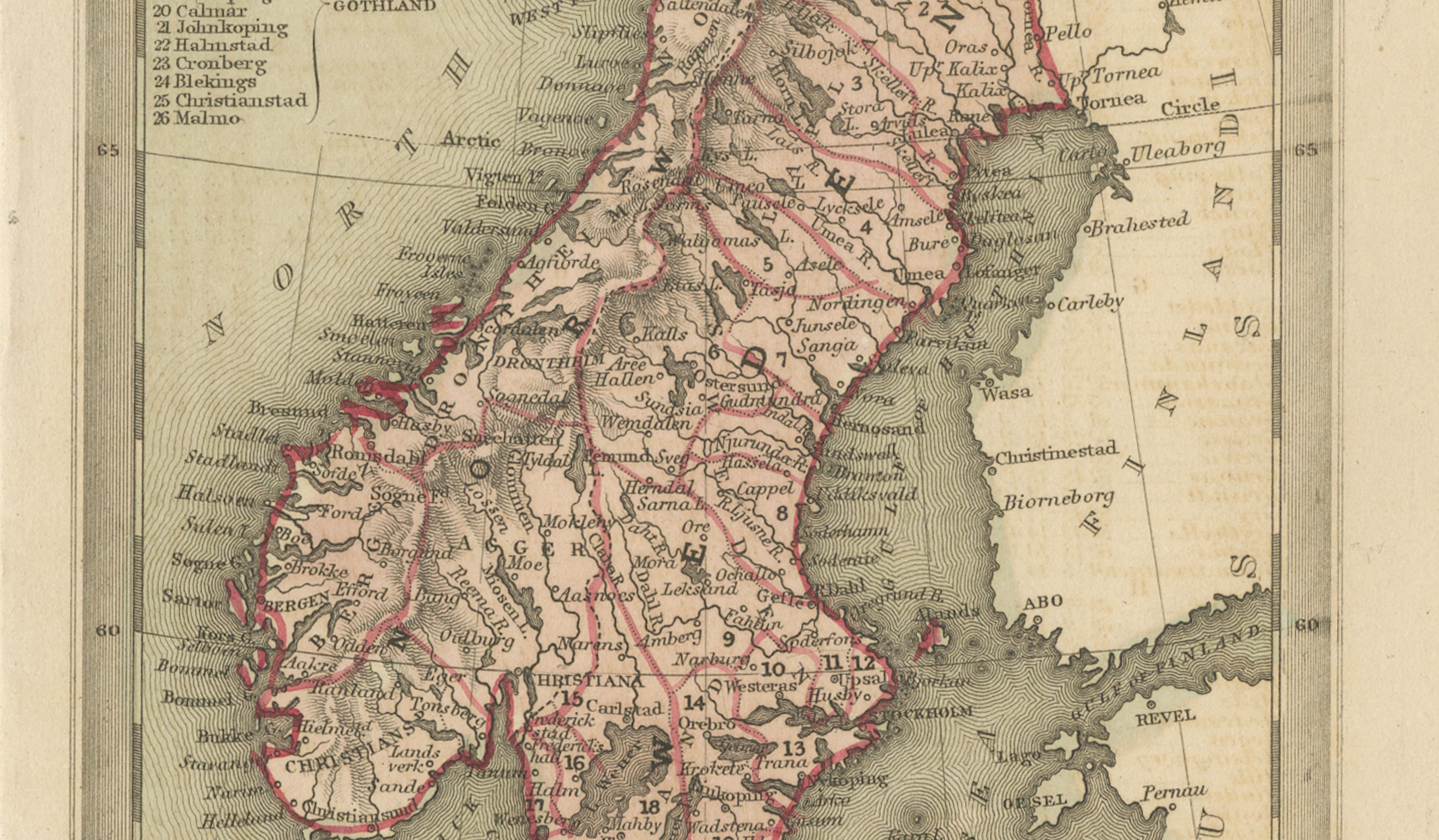 Miniature Antique Maps Scandinavia Set: Denmark, Sweden, Norway Handcolored 1833
