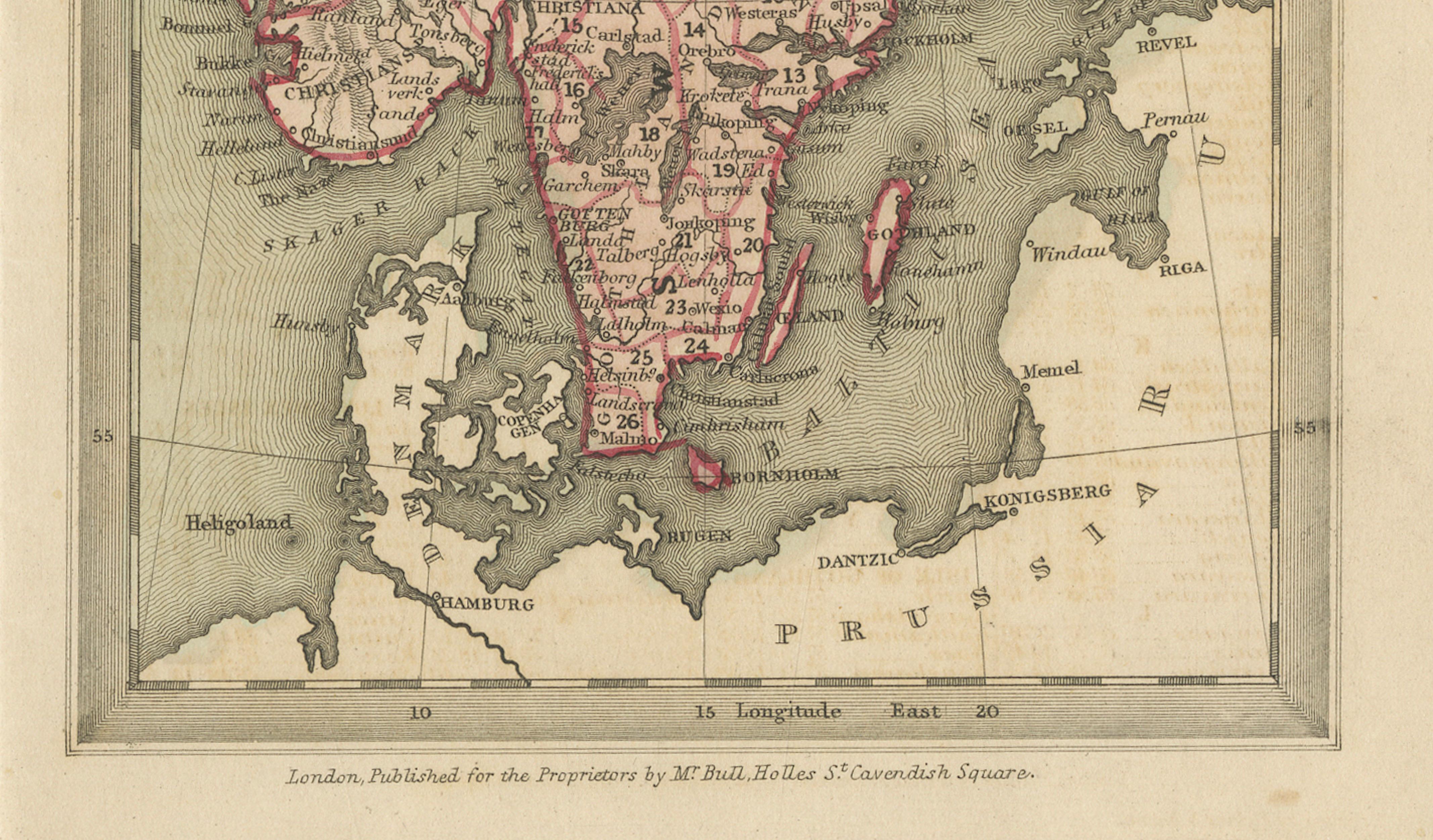 Miniature Antique Maps Scandinavia Set: Denmark, Sweden, Norway Handcolored 1833