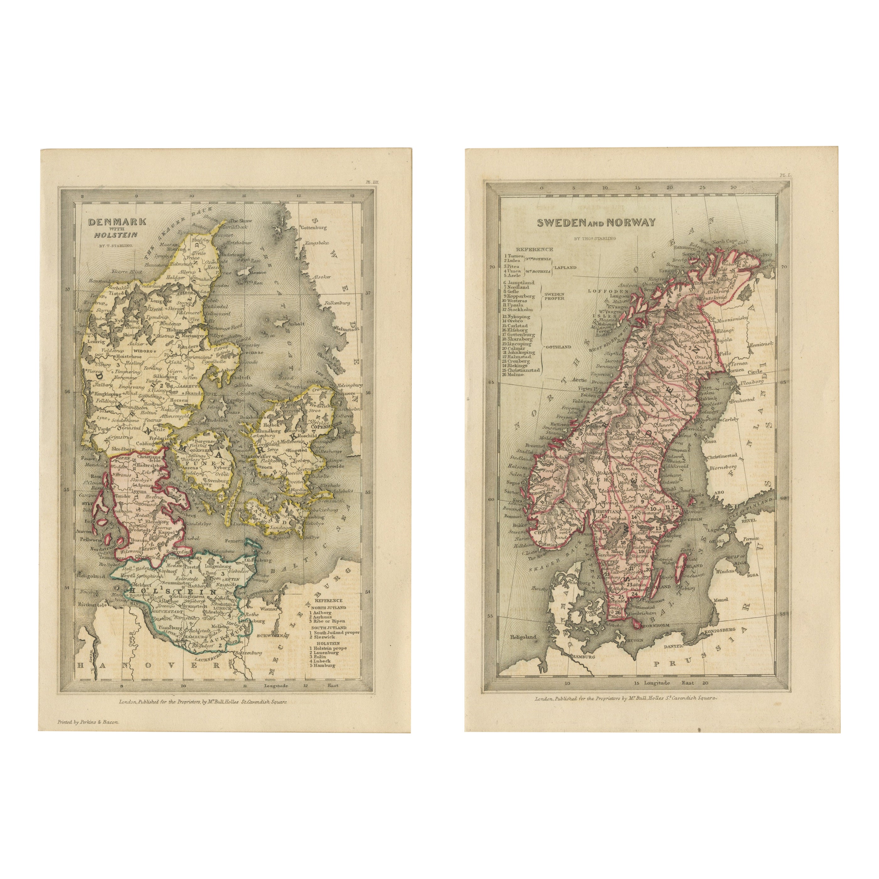 Miniature Antique Maps Scandinavia Set: Denmark, Sweden, Norway Handcolored 1833