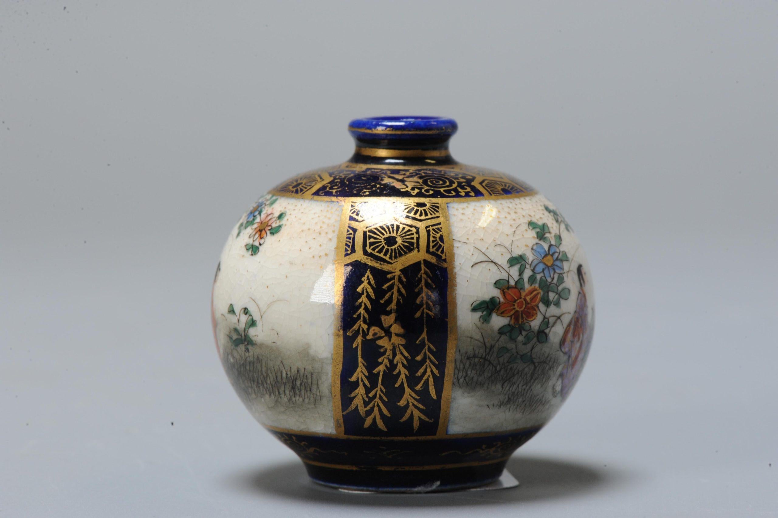 Miniature Antique Meiji Period Japanese Satsuma Vase Figural Decoration marked In Good Condition For Sale In Amsterdam, Noord Holland