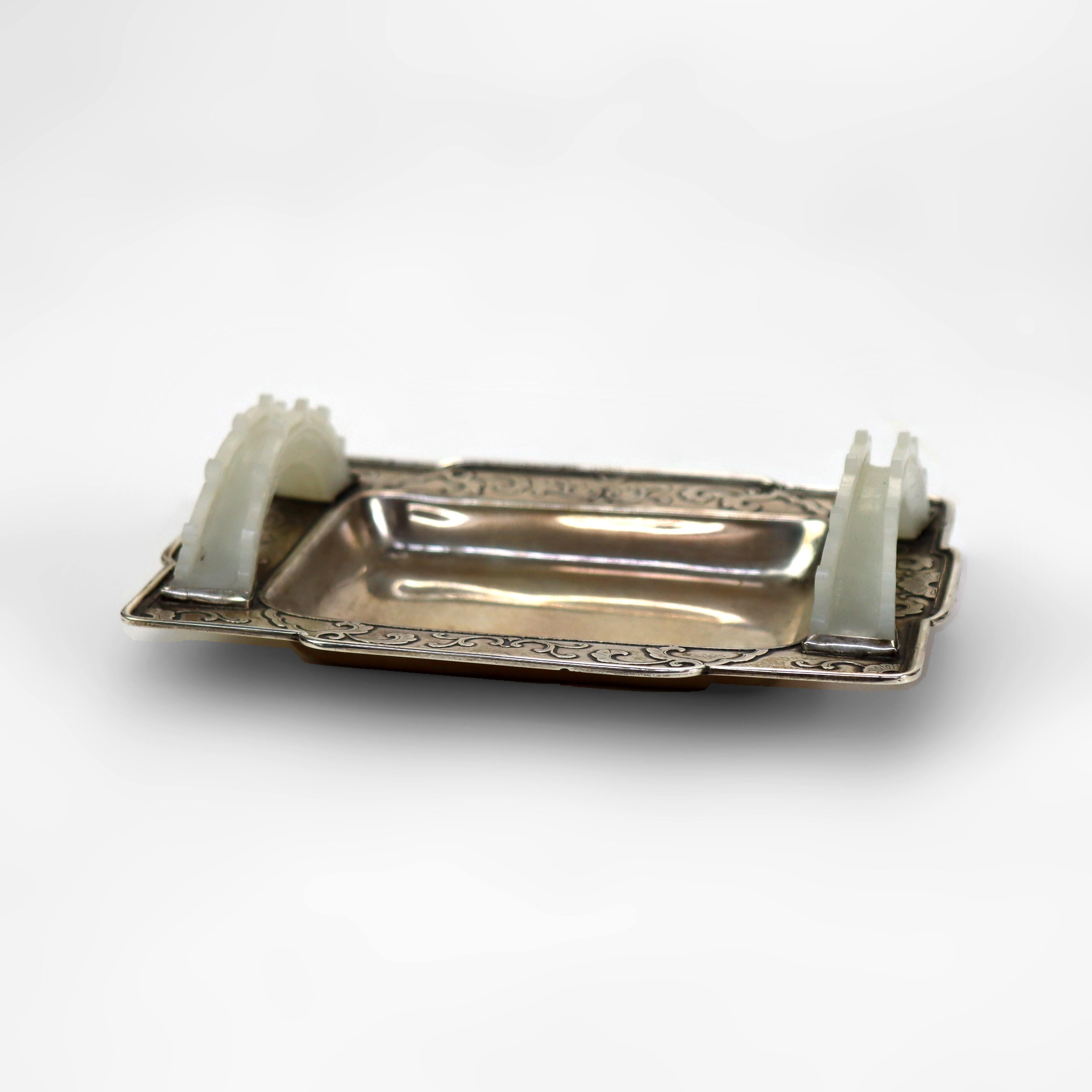 Plateau de table miniature en argent Sterling et jade blanc vers 1900 Bon état - En vente à Big Flats, NY