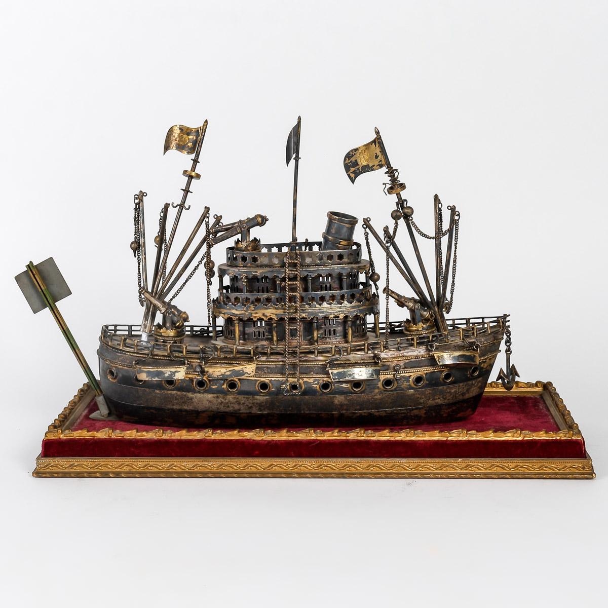 Napoleon III Miniature Army Boat in Sterling Silver, 19th Century, English Work.