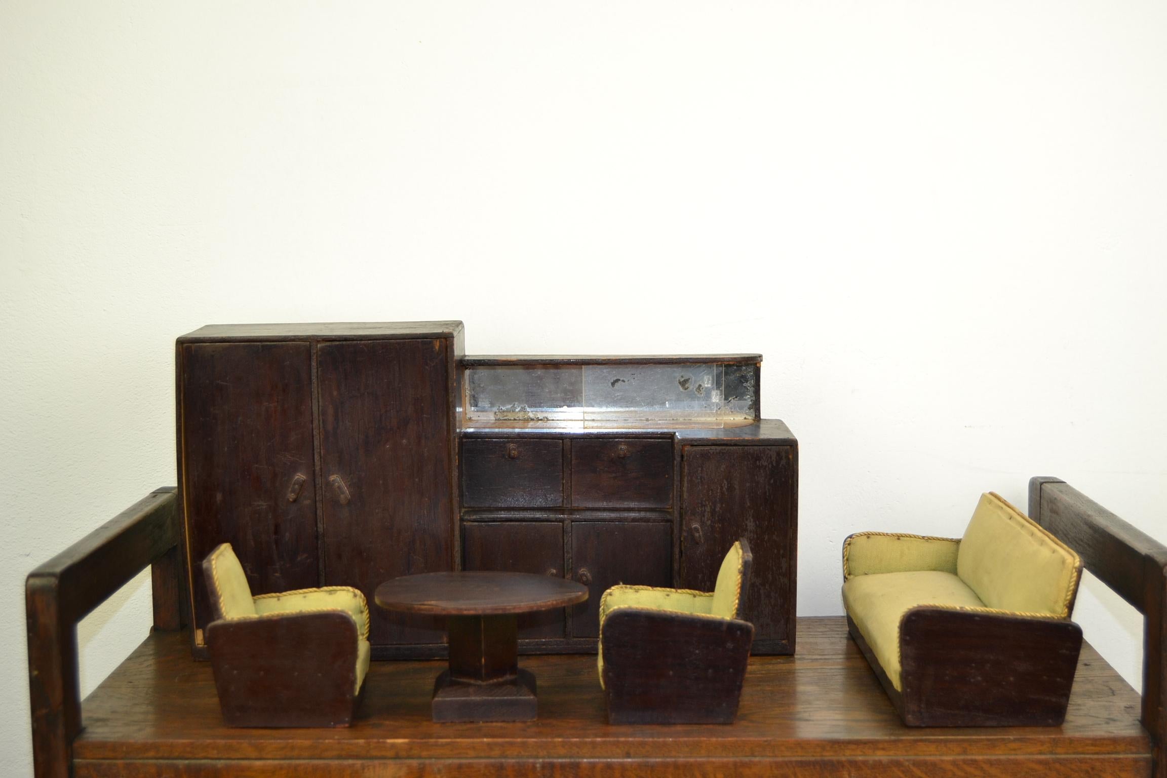 Miniature Art Deco Furniture, Club Chairs, Coffee Table, Seat and Cabinet For Sale 11