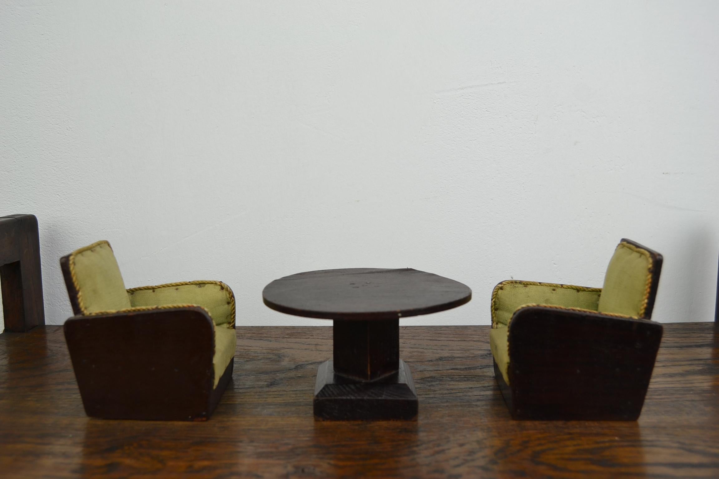 European Miniature Art Deco Furniture, Club Chairs, Coffee Table, Seat and Cabinet For Sale