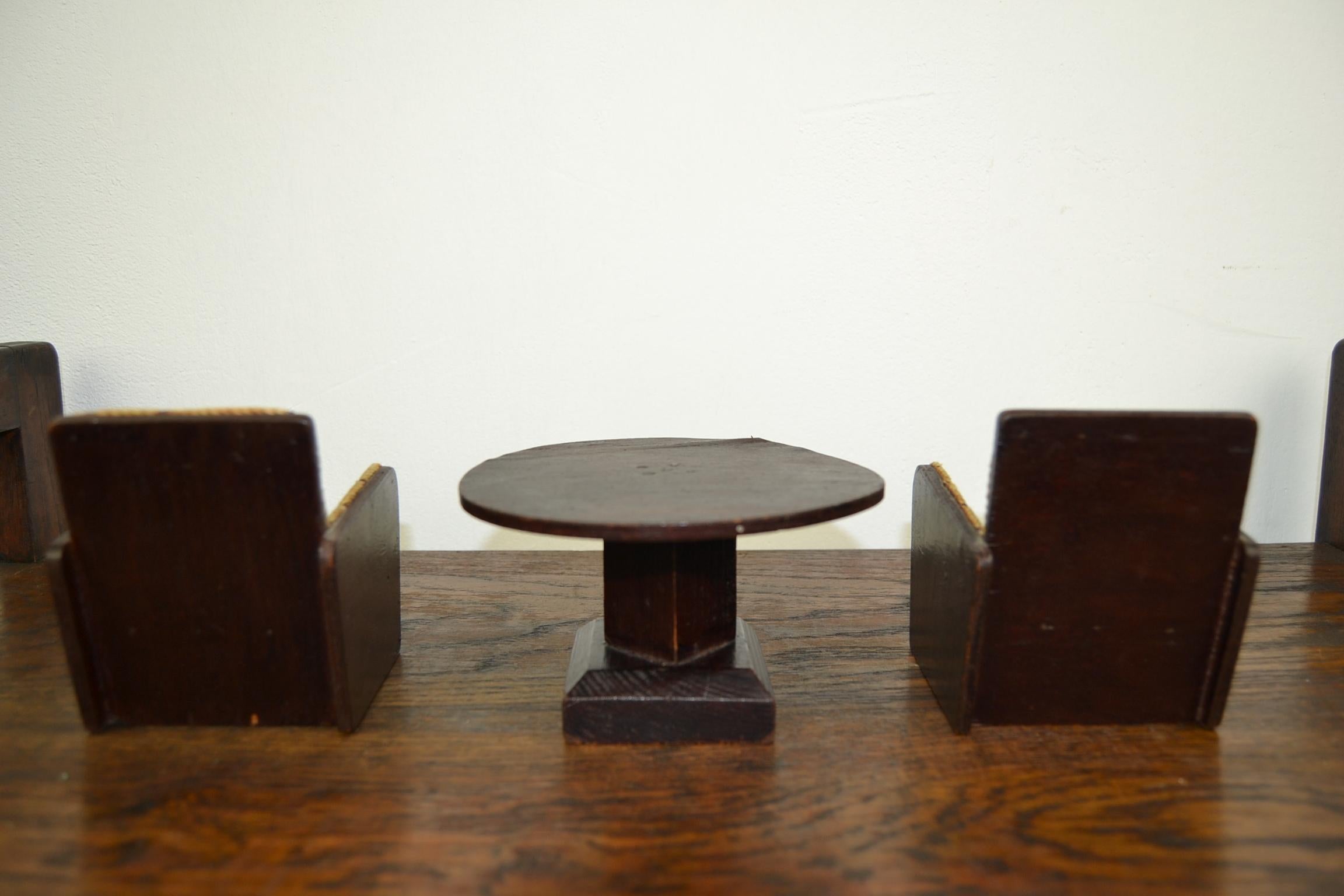 20th Century Miniature Art Deco Furniture, Club Chairs, Coffee Table, Seat and Cabinet For Sale