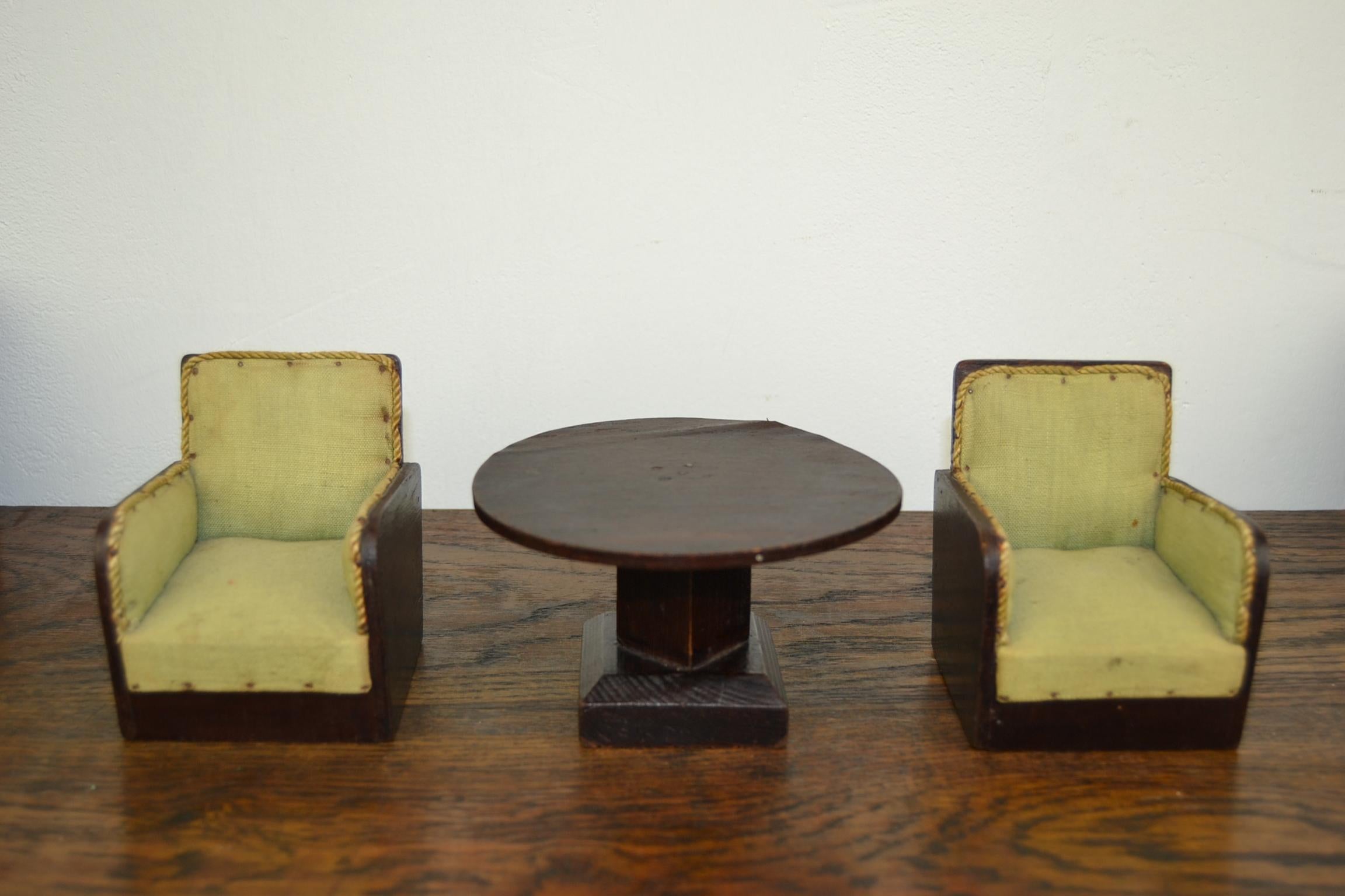 Fabric Miniature Art Deco Furniture, Club Chairs, Coffee Table, Seat and Cabinet For Sale