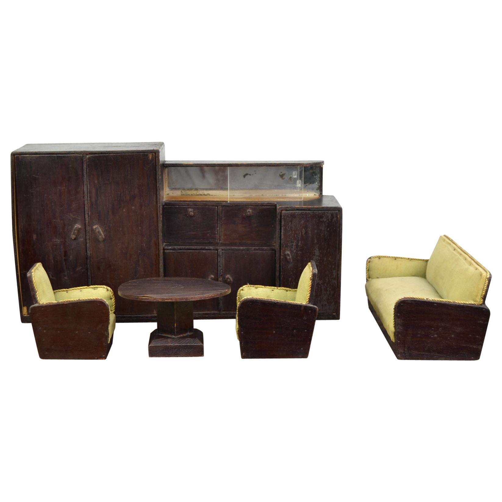 Miniature Art Deco Furniture, Club Chairs, Coffee Table, Seat and Cabinet