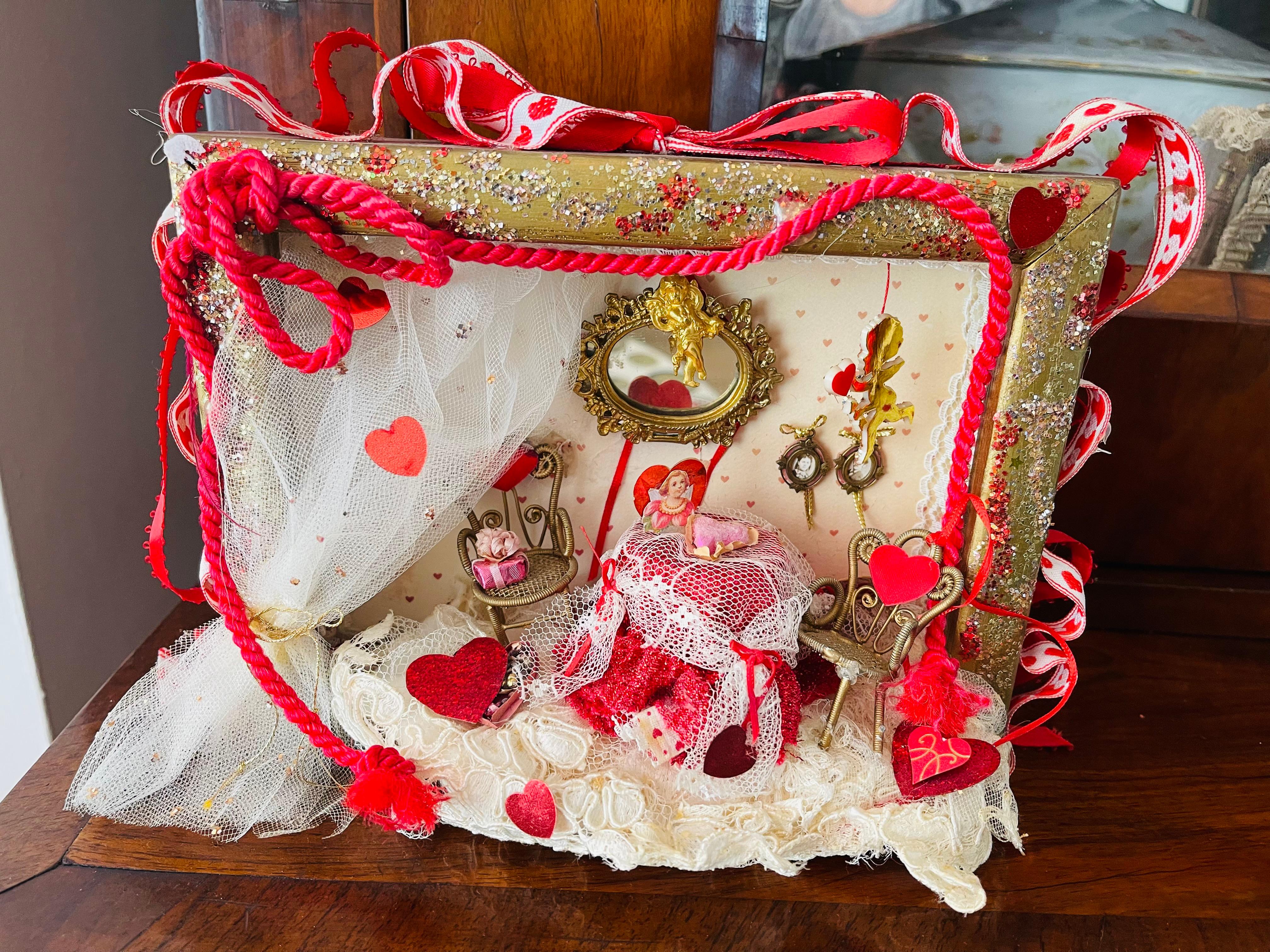 Unique whimsical artist made one of a kind Valentines miniature room box. Designed in a wooden frame with miniature dollhouse furniture, passamenteri and miniatures.