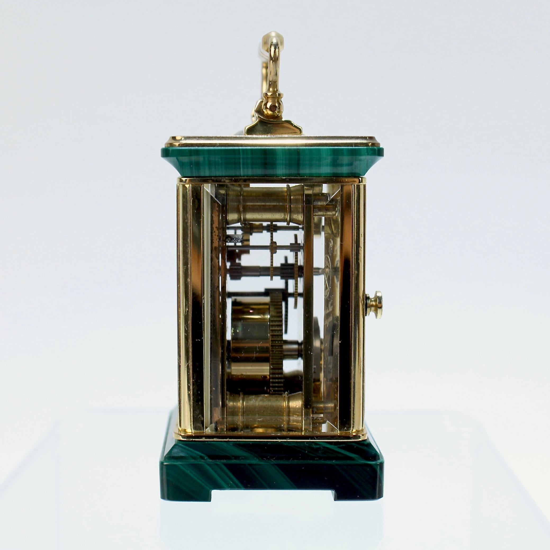 Modern Miniature Asprey Brass and Malachite Miniature Carriage Clock