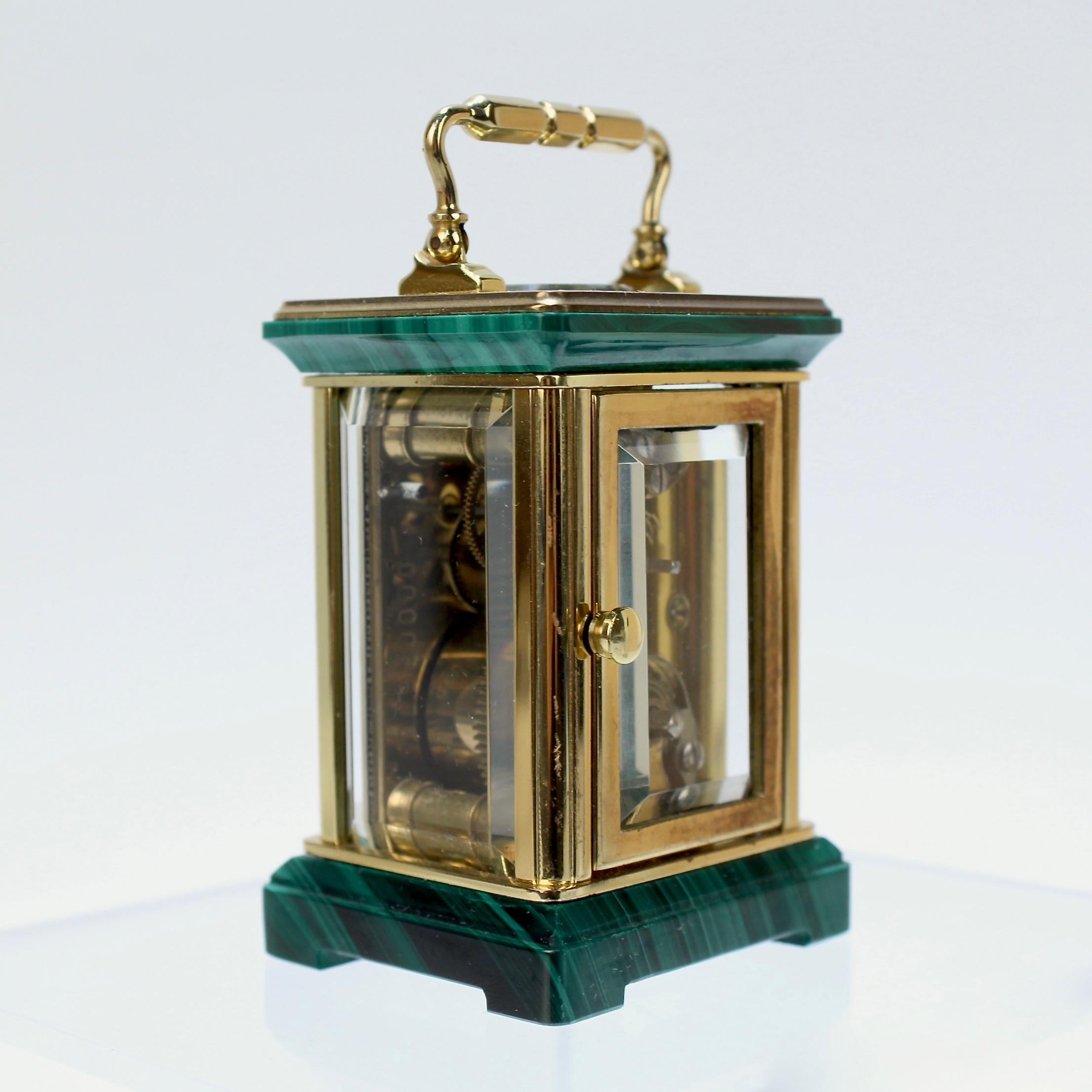 Miniature Asprey Brass and Malachite Miniature Carriage Clock In Good Condition In Philadelphia, PA