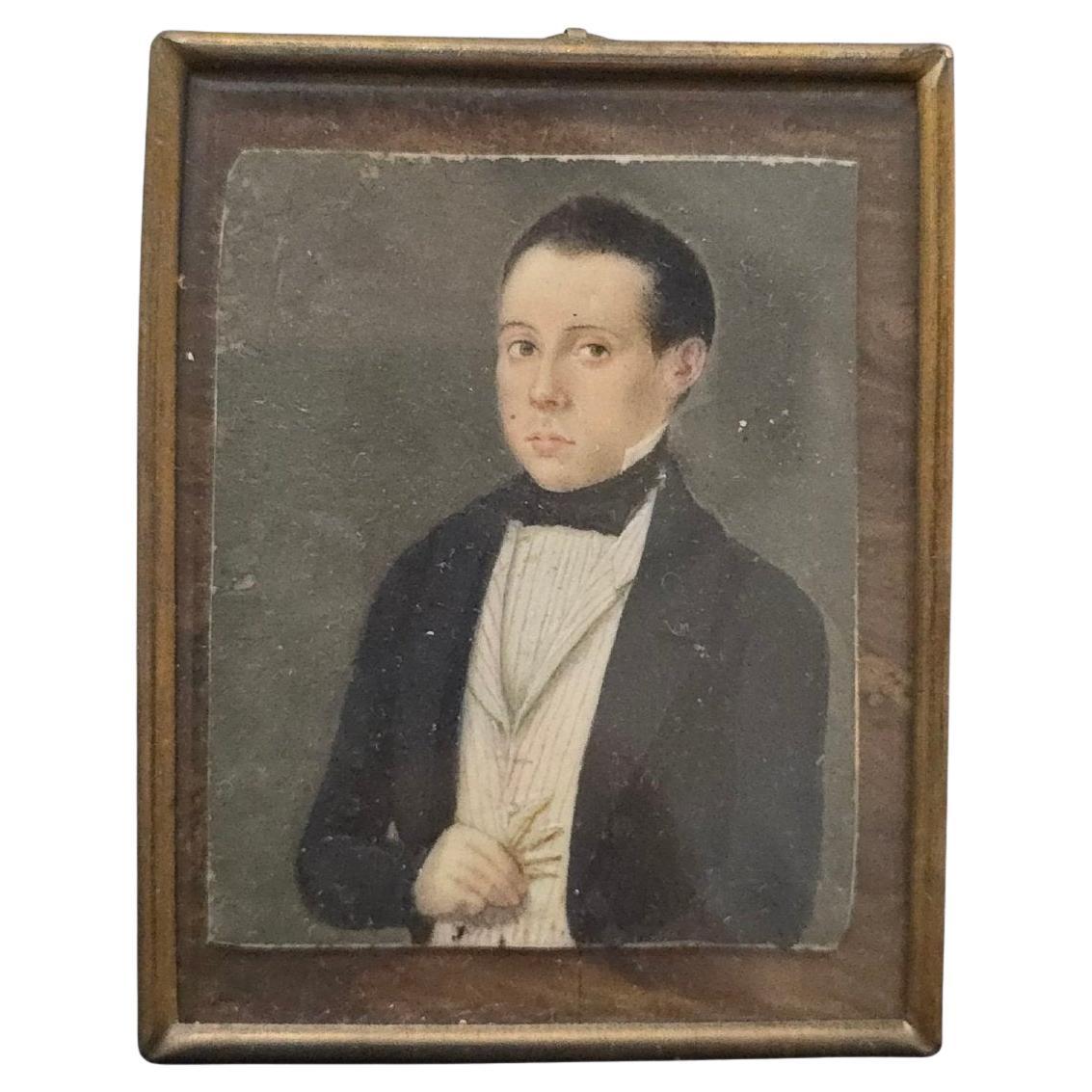 "Miniature Avec Portrait d'Un Gentilhomme Espagnol - XIXe Siècle" Élégante minia
