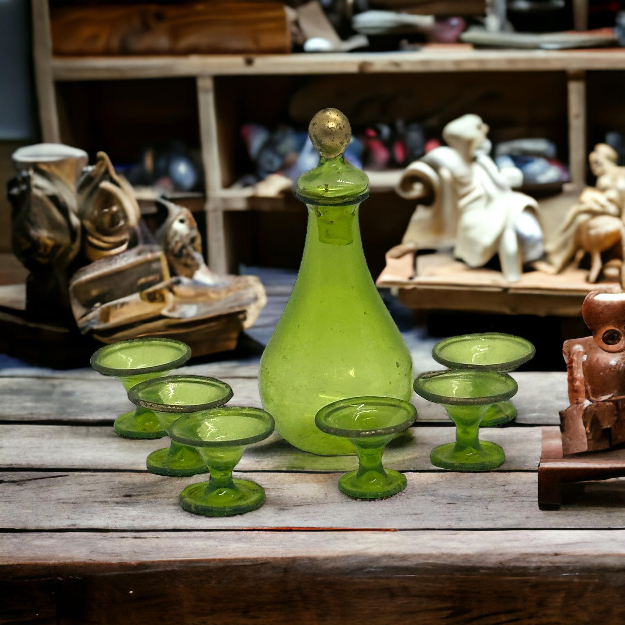 Folk Art Miniature Bimini Glass Antique German Hand-blown Decanter Set for Dollhouse  For Sale