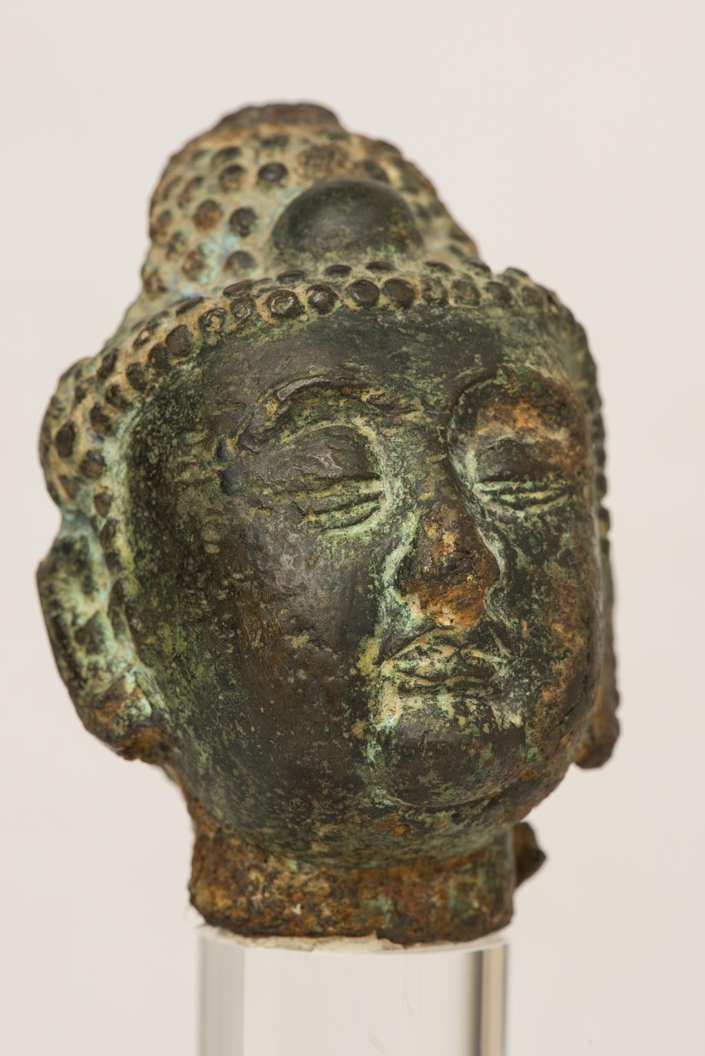 Hand-Crafted Miniature Bronze Head Sculpture from Laos or Cambogia For Sale
