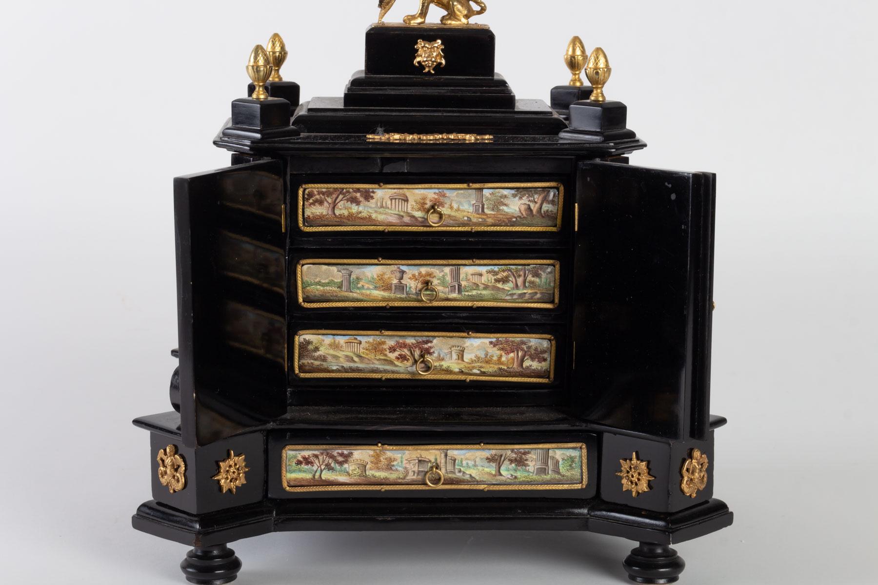 German Miniature Cabinet, Vienna, Enamel and Gilded Bronze, Enameled Porcelain