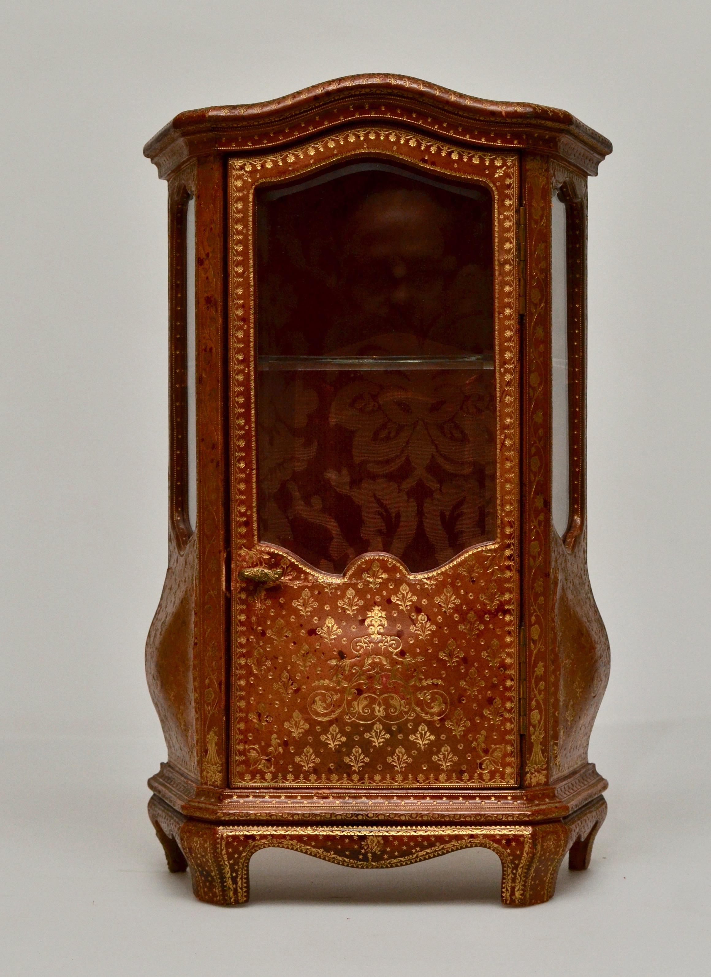 French Miniature Cabinet with Gilt Embossed Leather