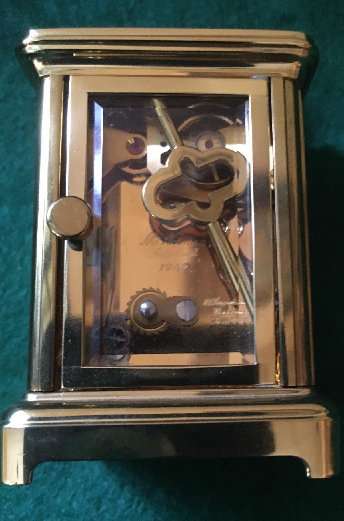 Neoclassical Miniature Carriage Clock by Mathew Norman of Switzerland w/ Original Key For Sale