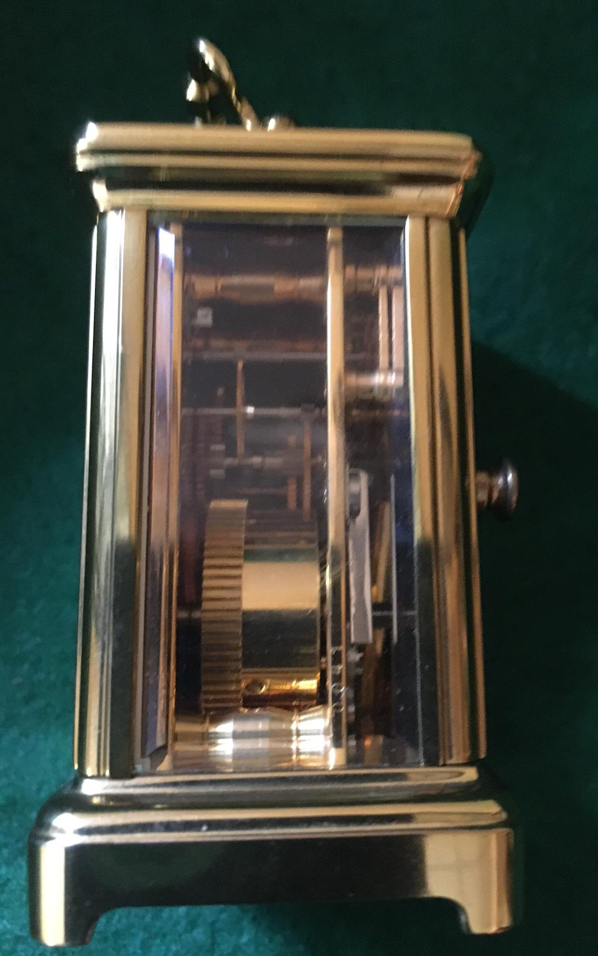 Miniature Carriage Clock by Mathew Norman of Switzerland w/ Original Key In Good Condition For Sale In Savannah, GA