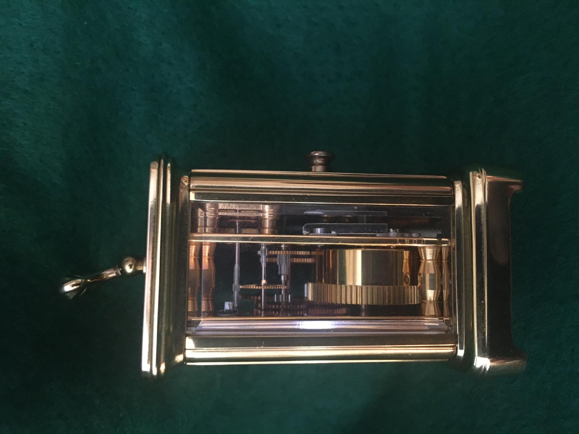 Miniature Carriage Clock by Mathew Norman of Switzerland w/ Original Key In Good Condition For Sale In Savannah, GA