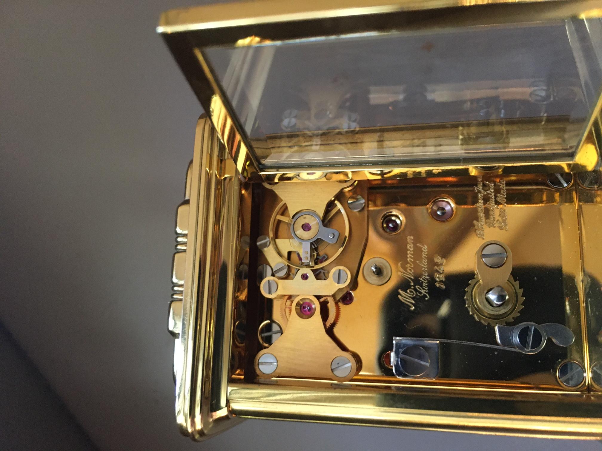 20th Century Miniature Carriage Clock by Mathew Norman of Switzerland w/ Original Key For Sale