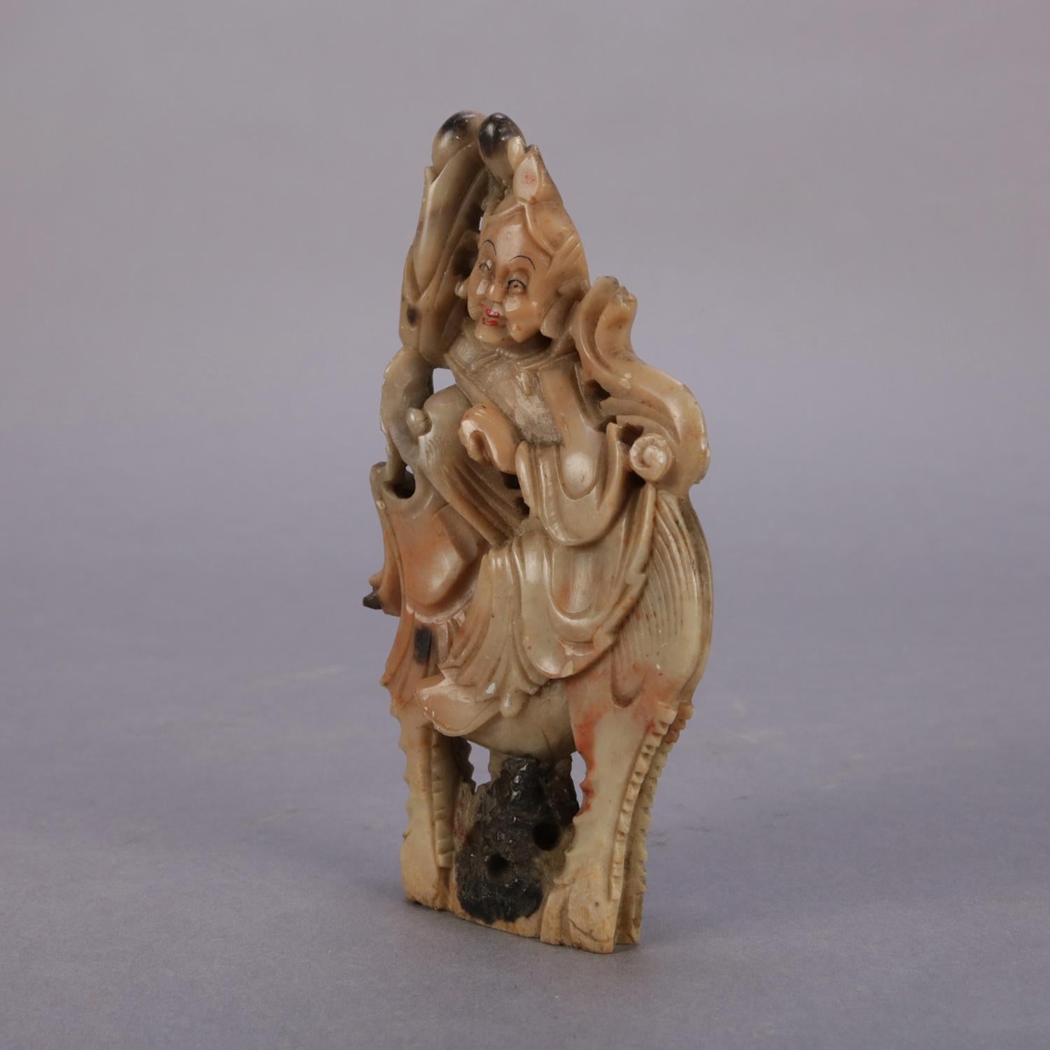 Hand-Carved Miniature Chinese Carved Soapstone Figural Sculpture of Woman on Qilin