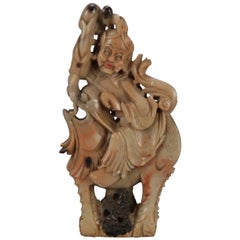 Miniature Chinese Carved Soapstone Figural Sculpture of Woman on Qilin