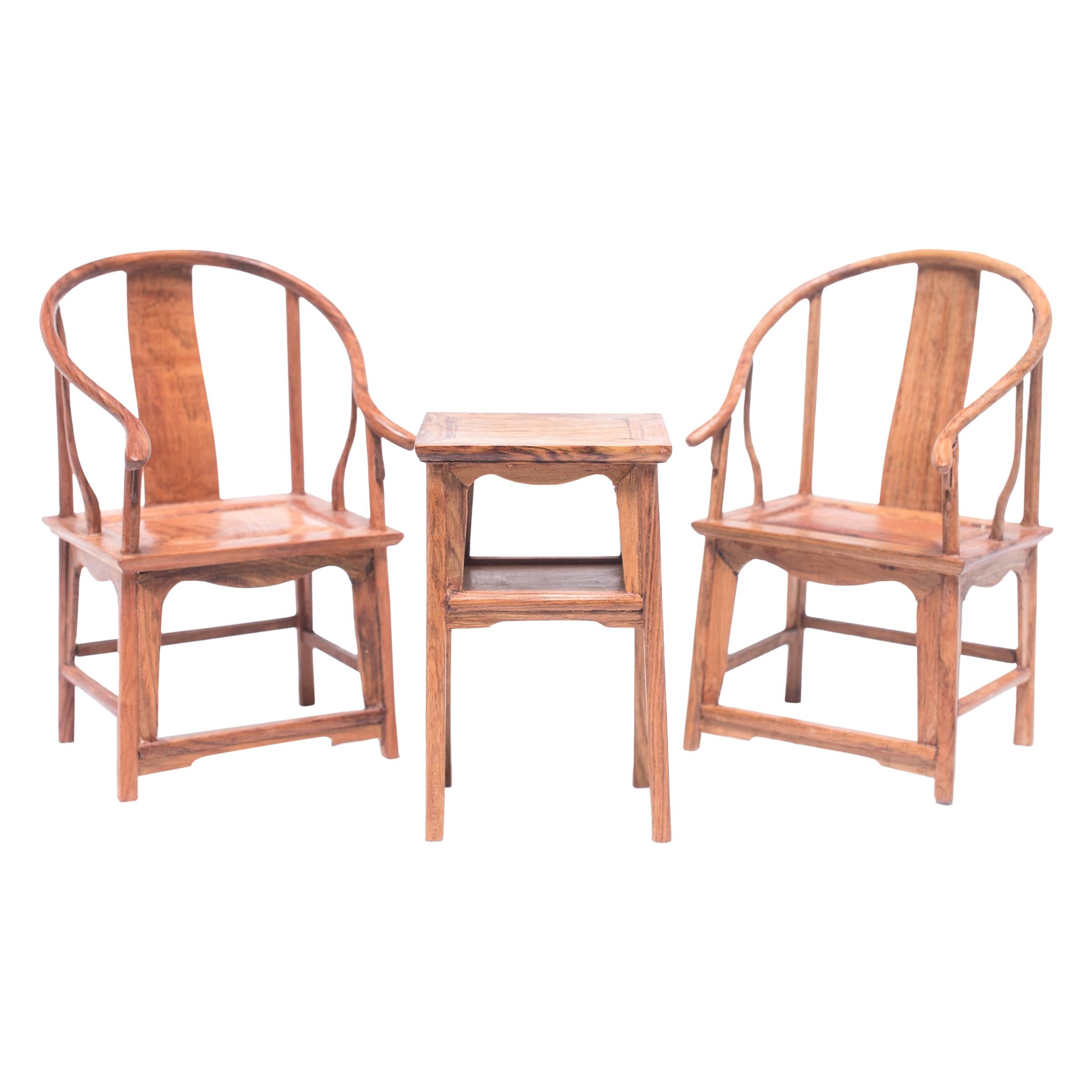 Miniature Chinese Roundback Chairs and Side Table