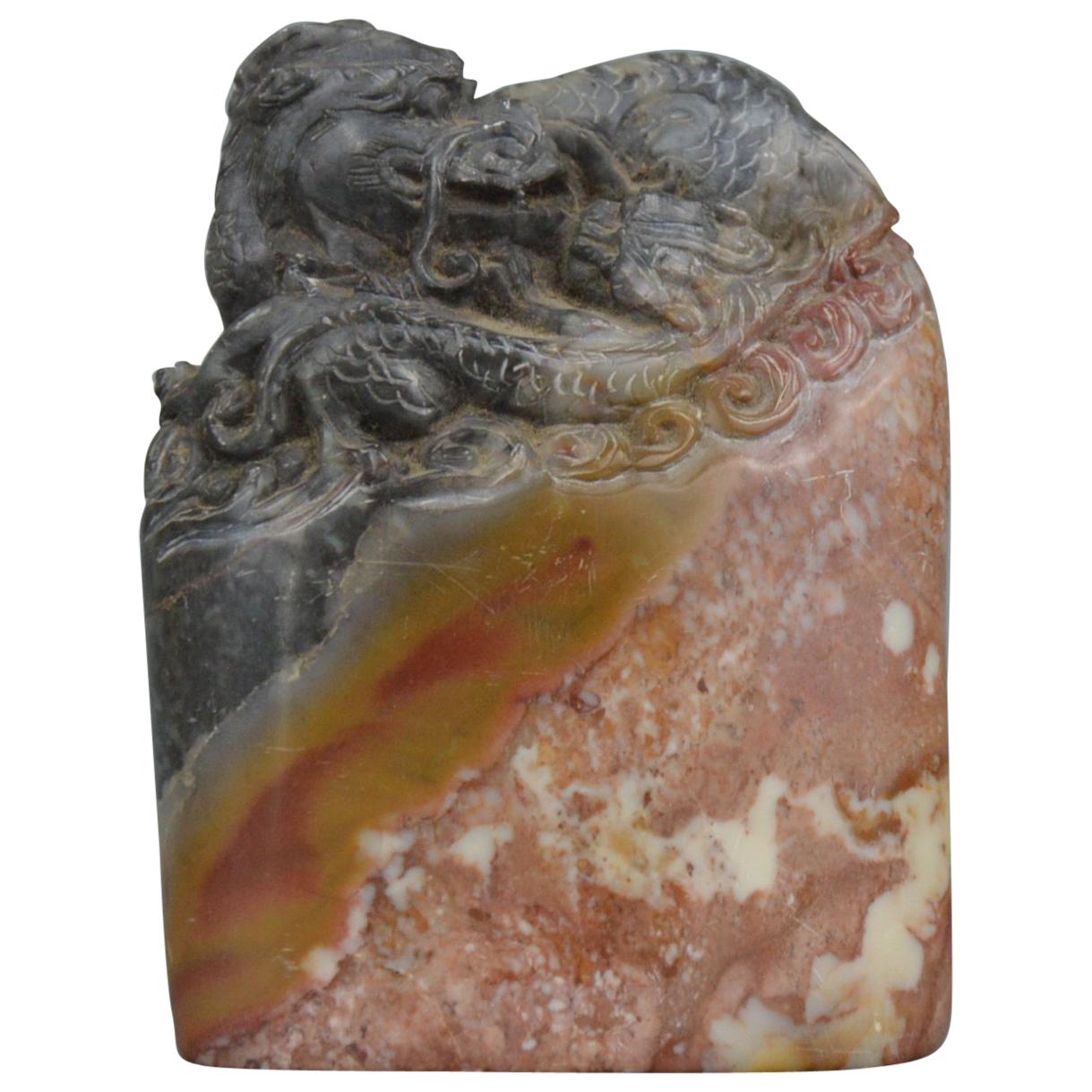 Miniature Chinese Stone Sculpture Representing a Dragon Lying on a Rock im Angebot