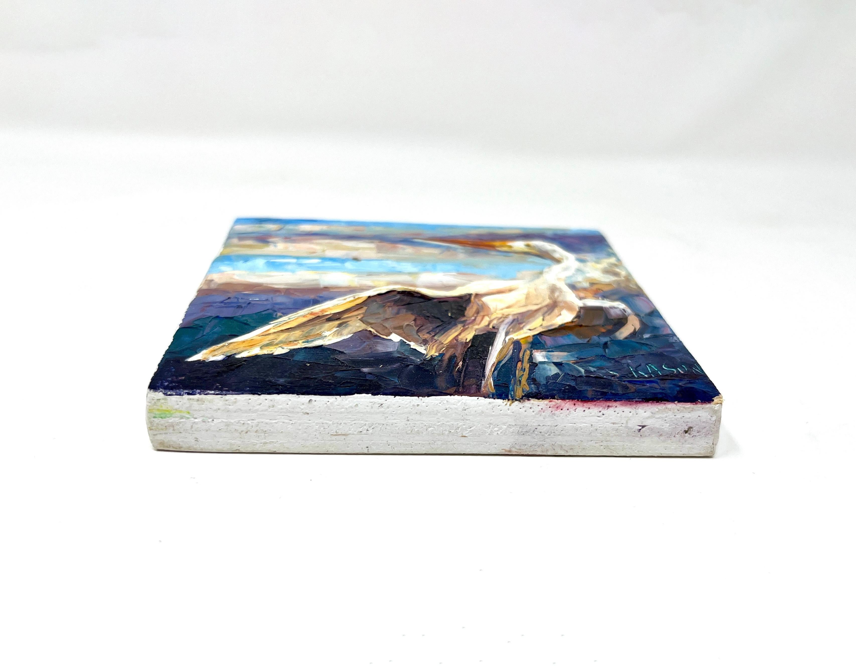 Miniature Contemporary Ölgemälde auf Panel von Stephen Kasun, Stolzer Reiher (Sonstiges) im Angebot