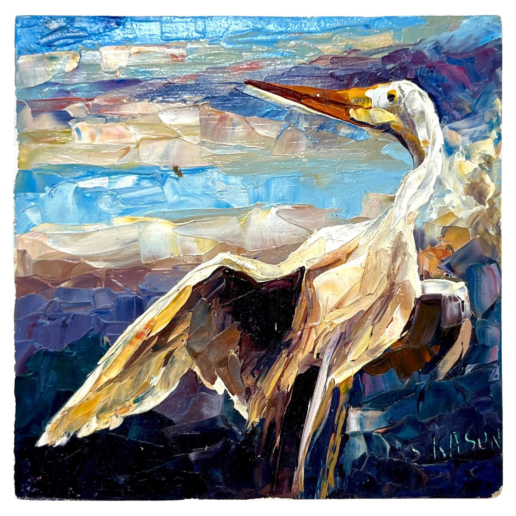 Miniature Contemporary Oil Painting on Panel by Stephen Kasun, Proud Egret