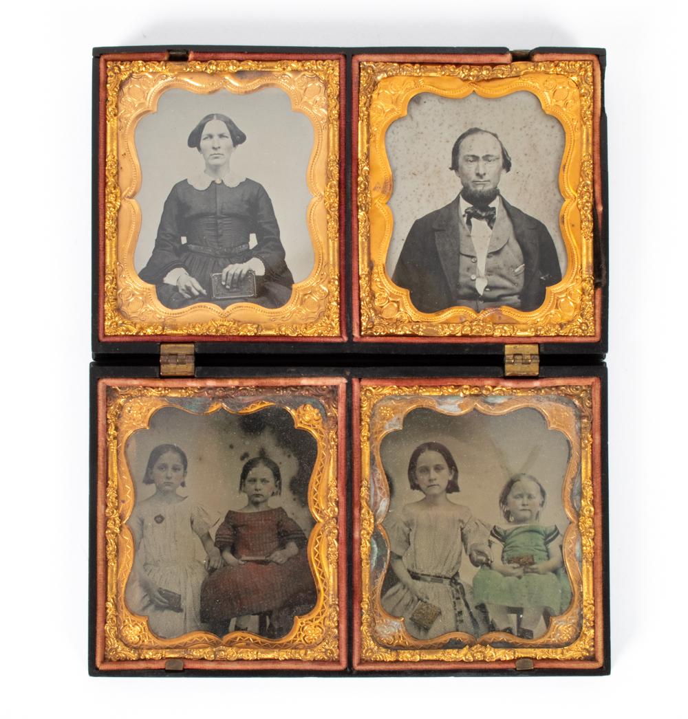19th Century Miniature Daguerreotype Family Portraits with Hand Coloring in Gutta Percha Case For Sale