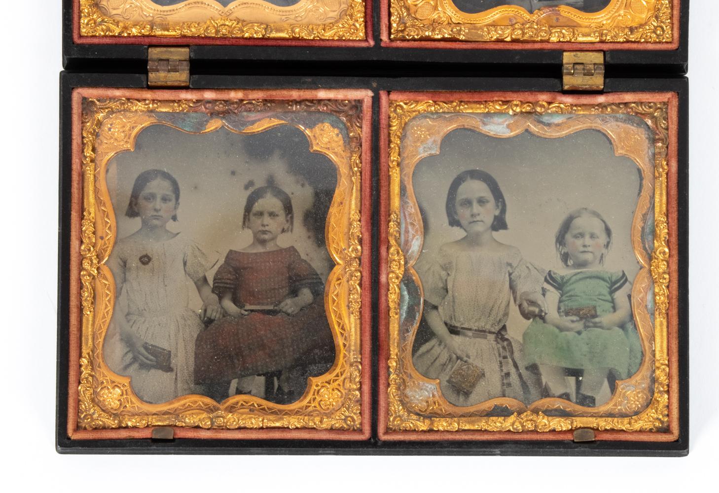 Copper Miniature Daguerreotype Family Portraits with Hand Coloring in Gutta Percha Case For Sale