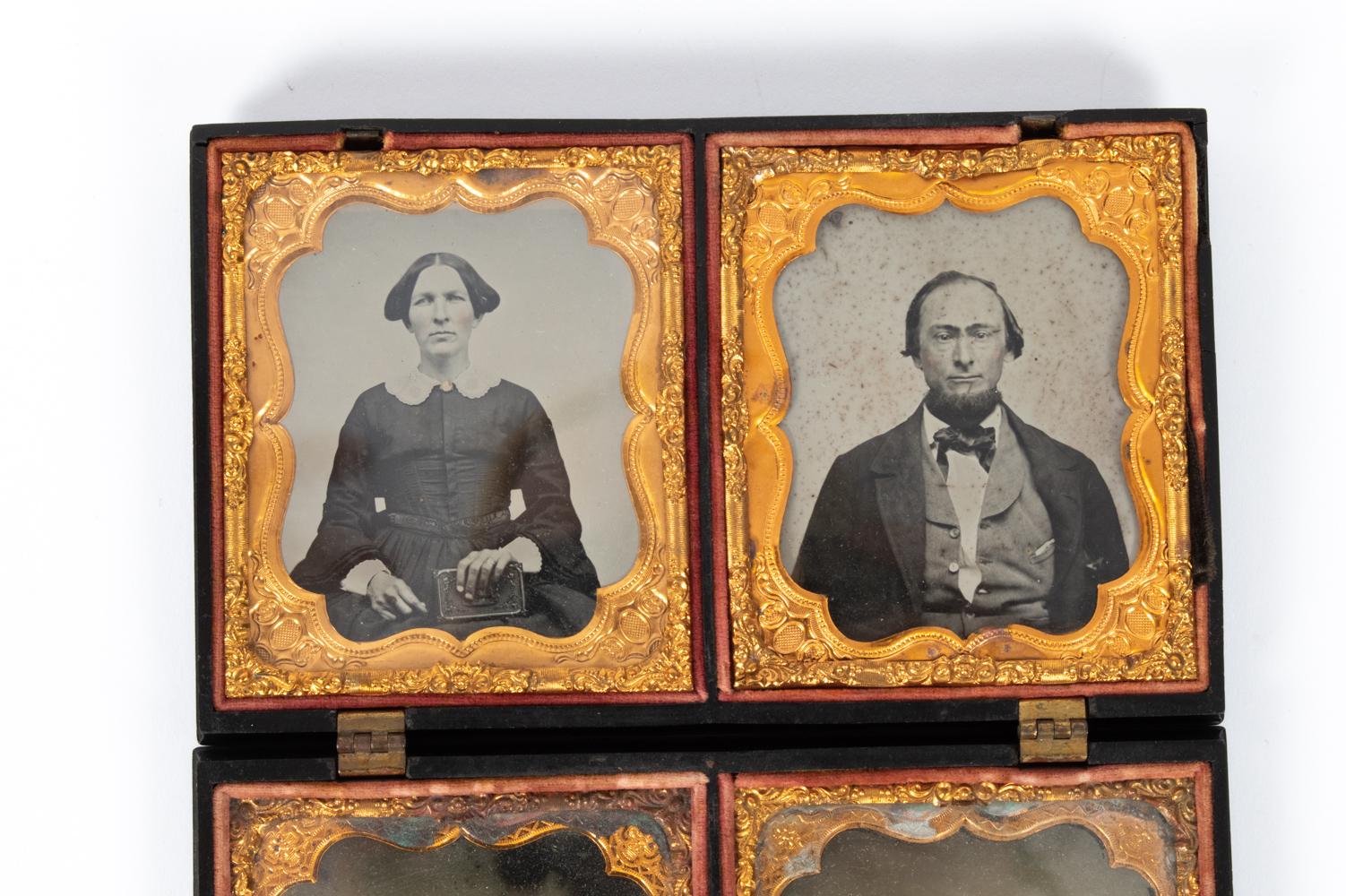 Portraits de famille miniatures au daguerréotype avec coloration à la main dans un étui en gutta-percha en vente 4