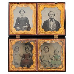Portraits de famille miniatures au daguerréotype avec coloration à la main dans un étui en gutta-percha
