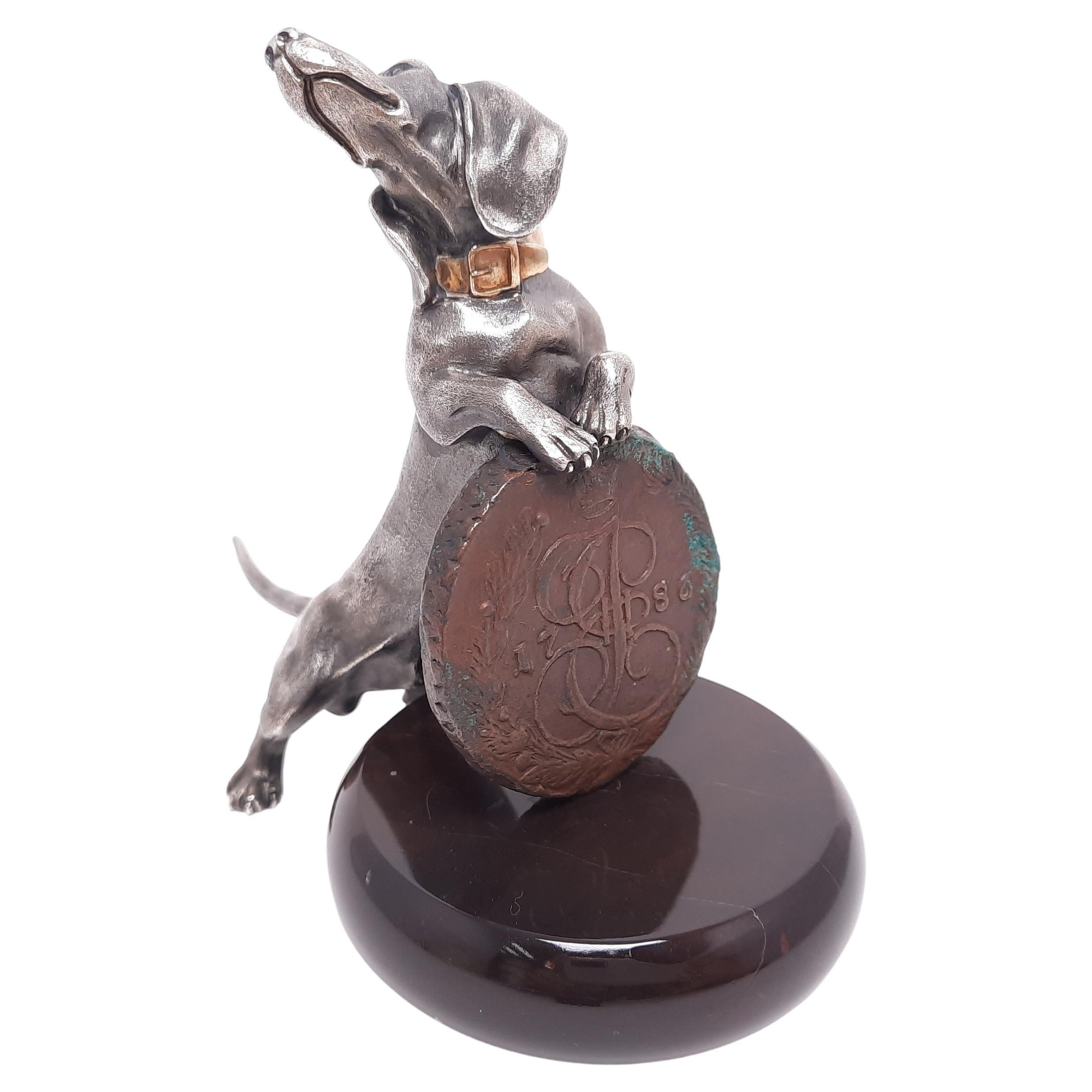 Miniature Dog Talisman Genuine Silver Gold Plated Dachshund with an Old Russian For Sale