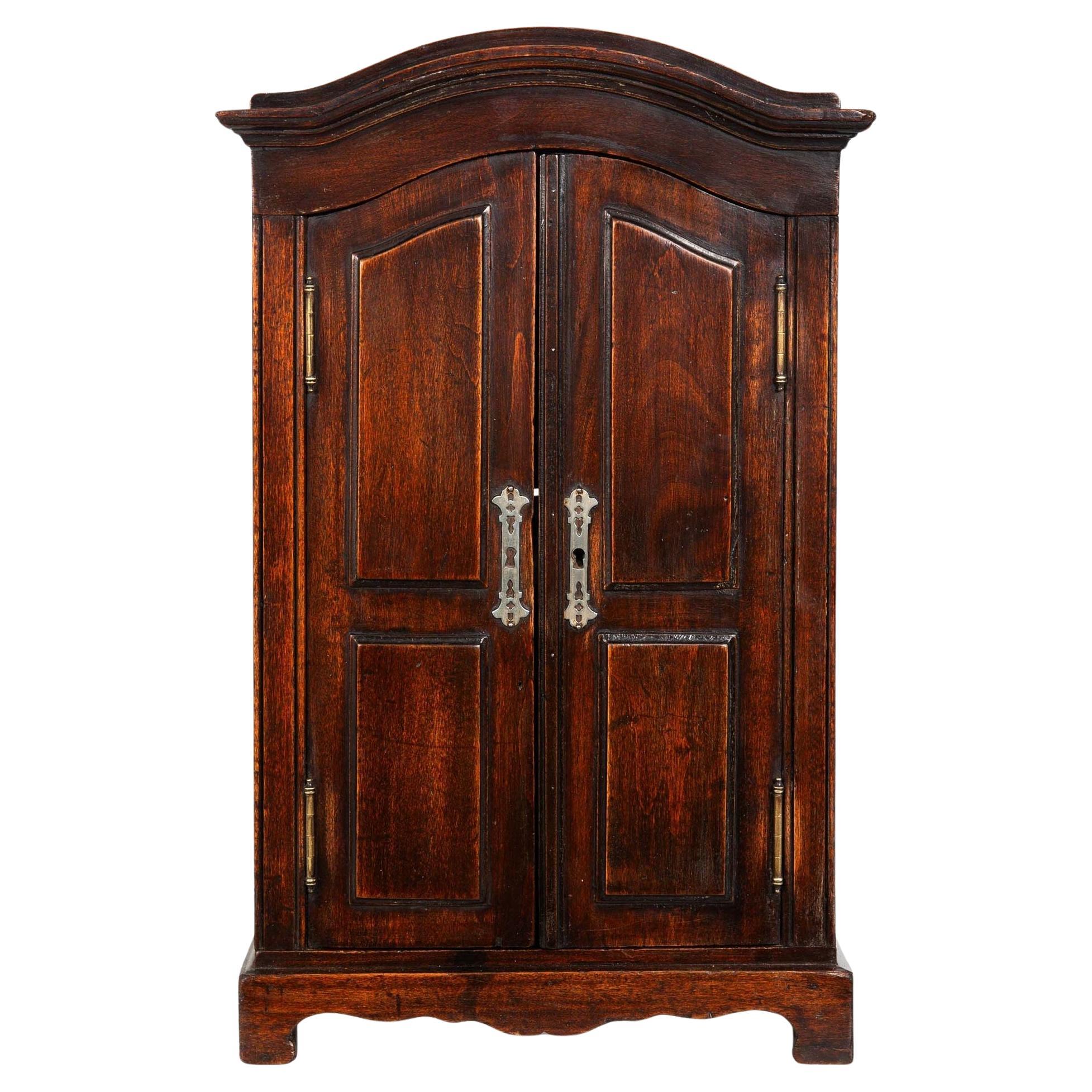 Miniature Doll-Size French Provincial Stained Fruitwood Antique Armoire Cabinet For Sale