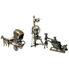 Vintage Miniature, Dutch Silver, Spinning Wheel, Sleigh, Carriage with Horse