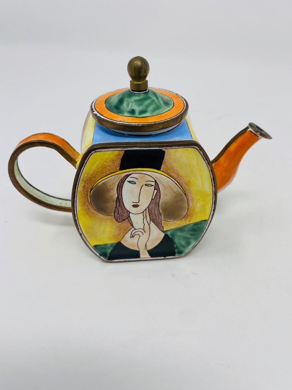 Contemporary Miniature Enameled Tea Pot Hand Painted Modigliani Lady with Hat by Kelvin Chen