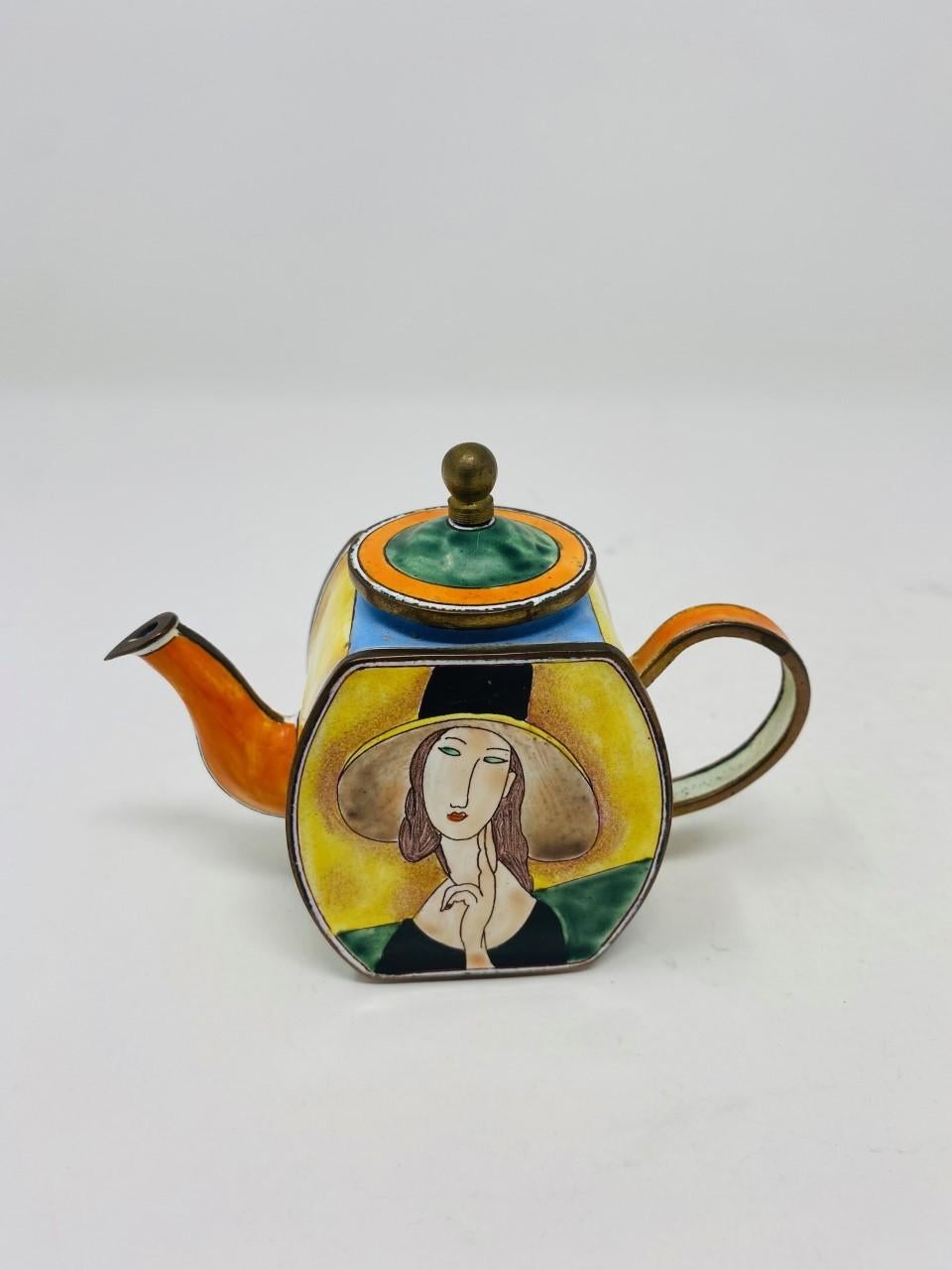 American Craftsman Miniature Enameled Tea Pot Hand Painted Modigliani Lady with Hat by Kelvin Chen