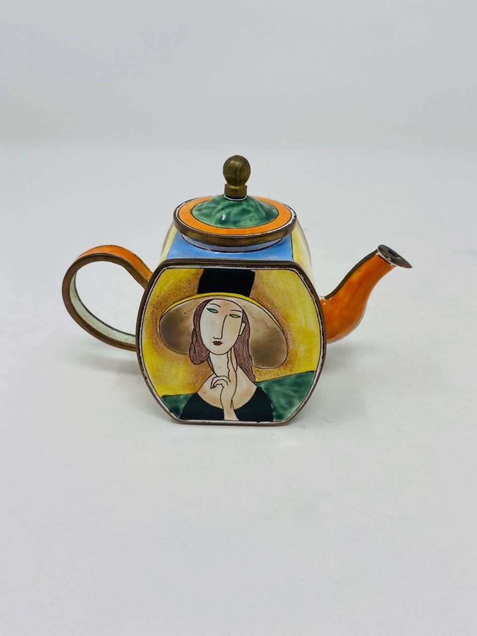 American Miniature Enameled Tea Pot Hand Painted Modigliani Lady with Hat by Kelvin Chen