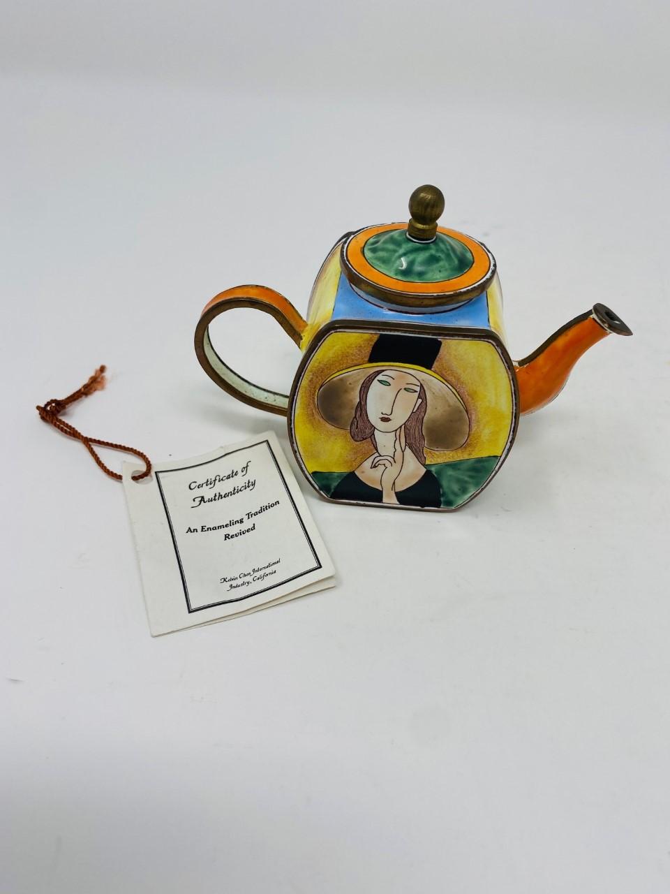 Hand-Crafted Miniature Enameled Tea Pot Hand Painted Modigliani Lady with Hat by Kelvin Chen