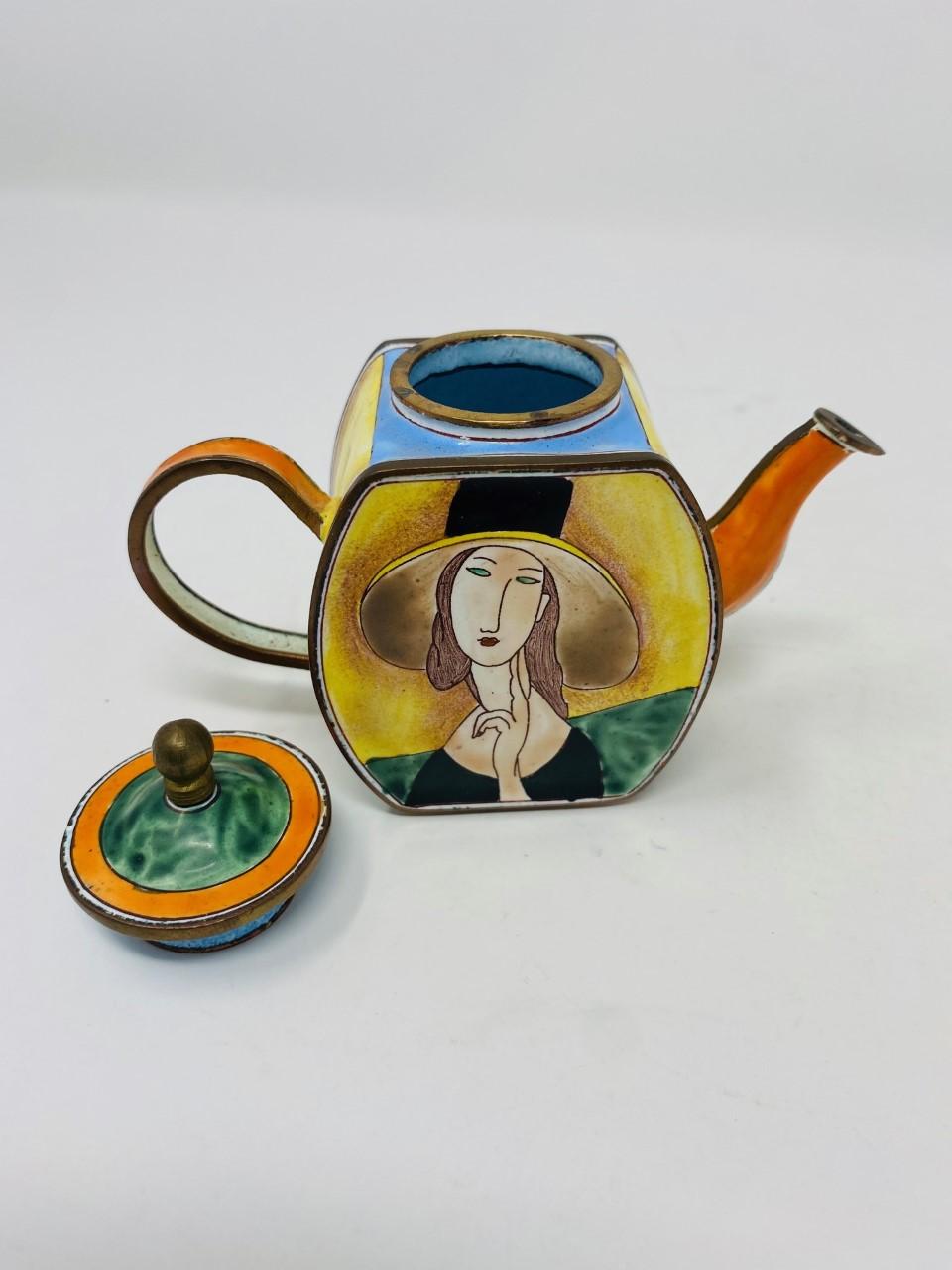Miniature Enameled Tea Pot Hand Painted Modigliani Lady with Hat by Kelvin Chen In Good Condition In San Diego, CA