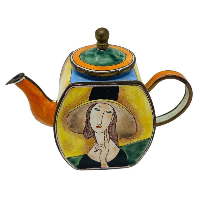 Miniature Enameled Tea Pot Hand Painted Modigliani Lady with Hat by Kelvin Chen