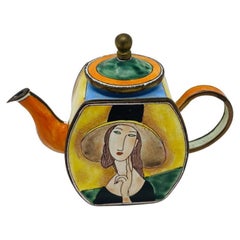 Miniature Enameled Tea Pot Hand Painted Modigliani Lady with Hat by Kelvin Chen